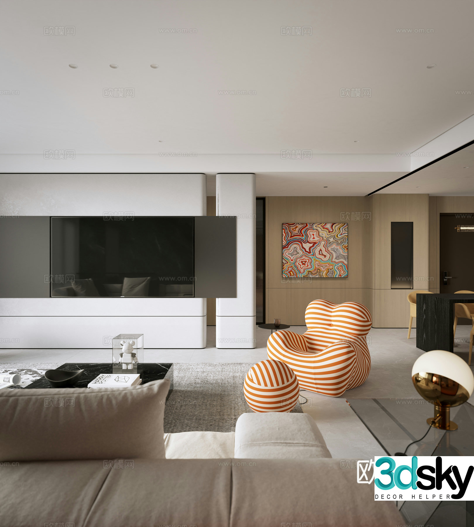 Modern living and dining room modern sofa and coffee table combination modern TV background wall living room without owner lights 3D model