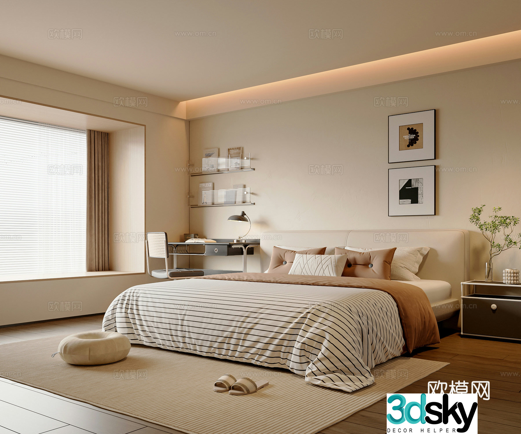 Modern creamy bedroom master bedroom double bed desk chair hanging painting bookshelves 3d model