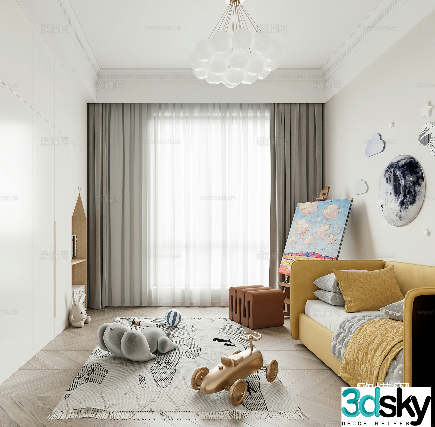 Modern children’s entertainment room sofa bed painting board children’s play area toys chandeliers 3d model