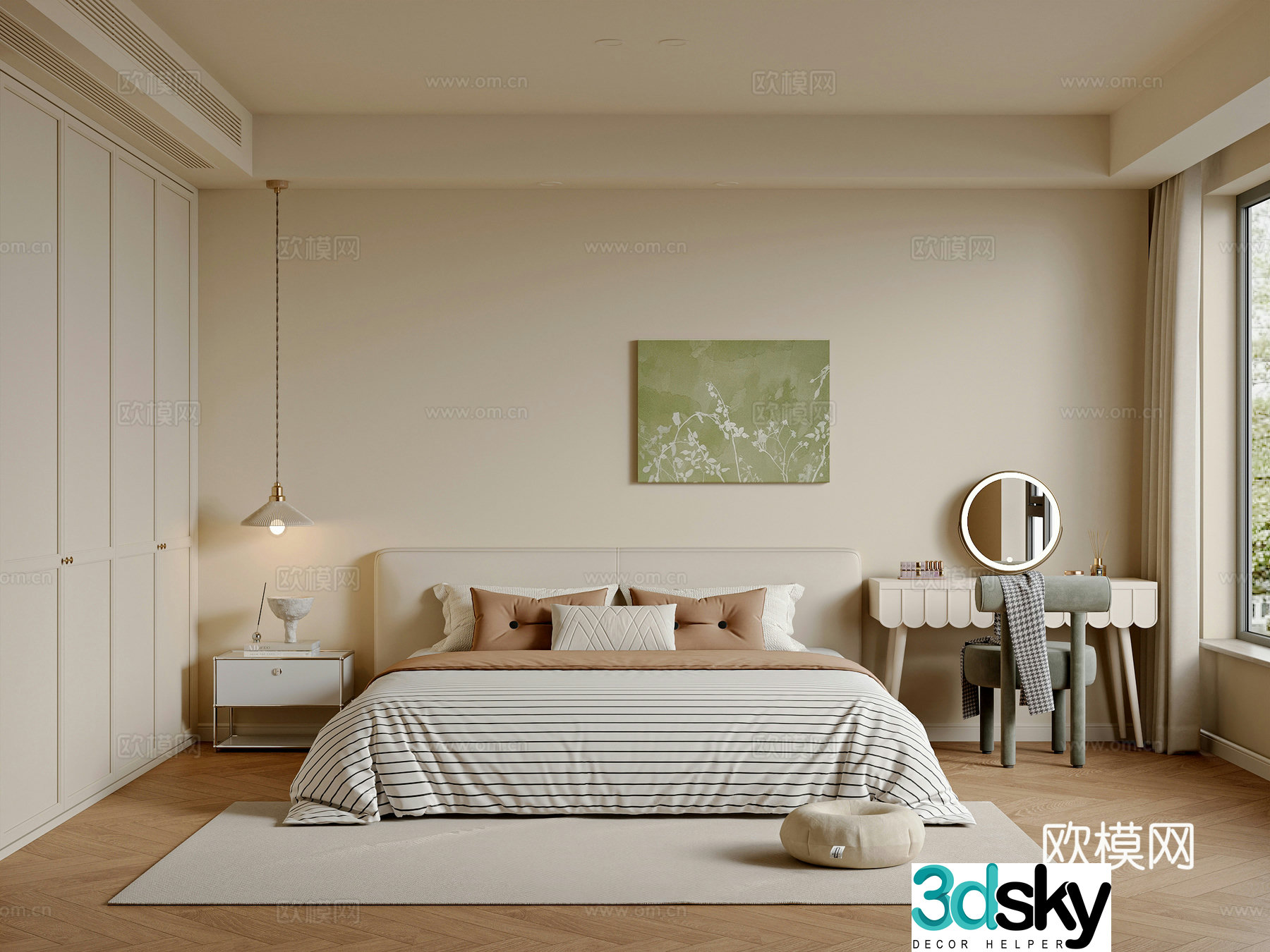 Modern creamy bedroom master bedroom double bed wardrobe dressing table hanging painting 3d model