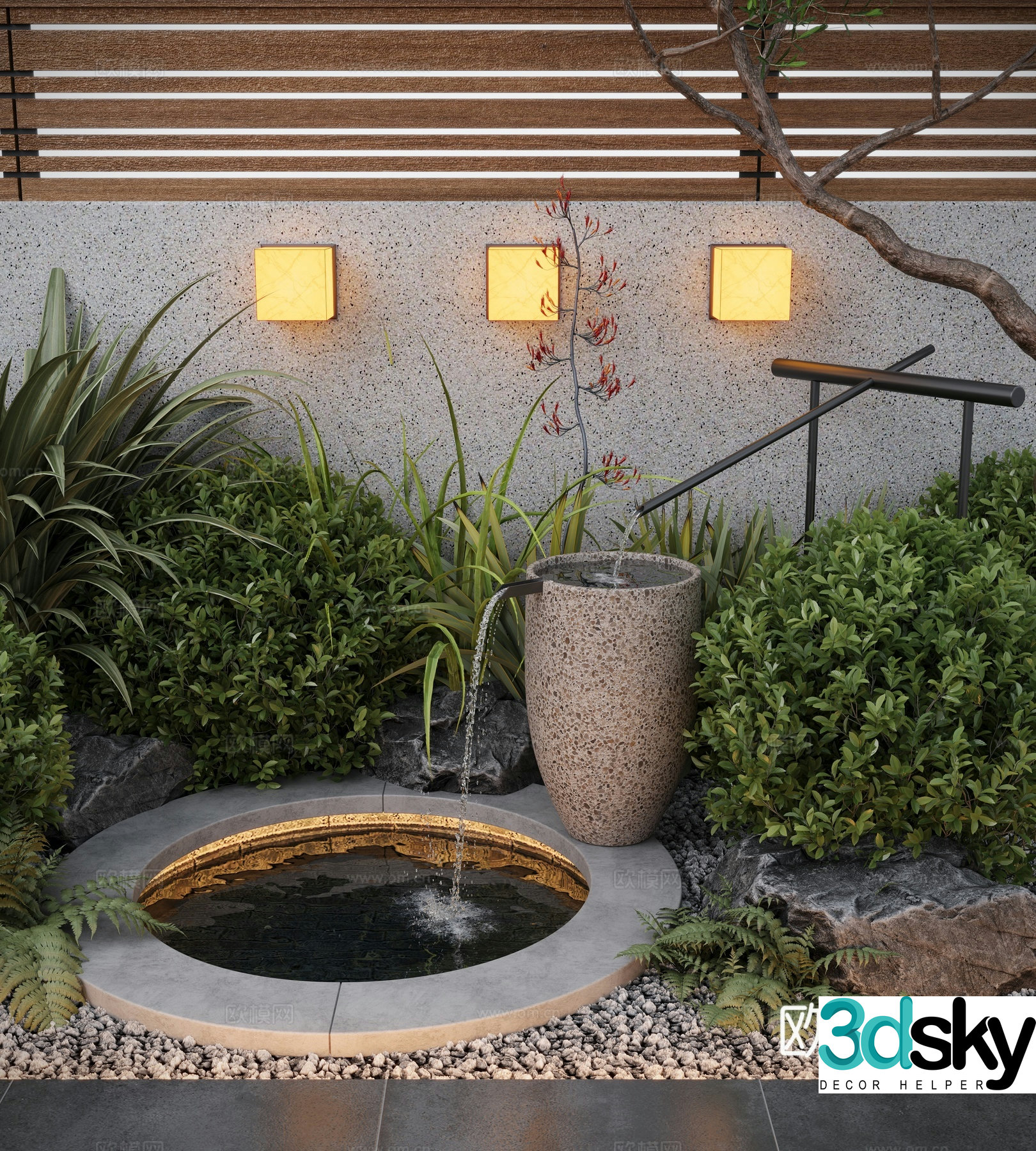 Modern courtyard waterscape water bowl flowing water pool 3d model