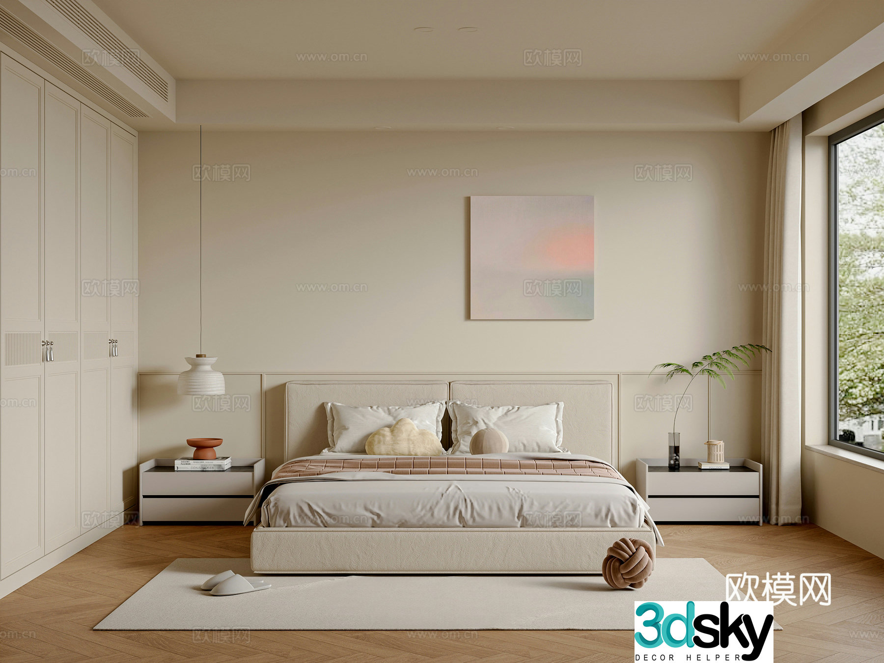 Modern creamy bedroom master bedroom double bed wardrobe dressing table hanging painting 3d model