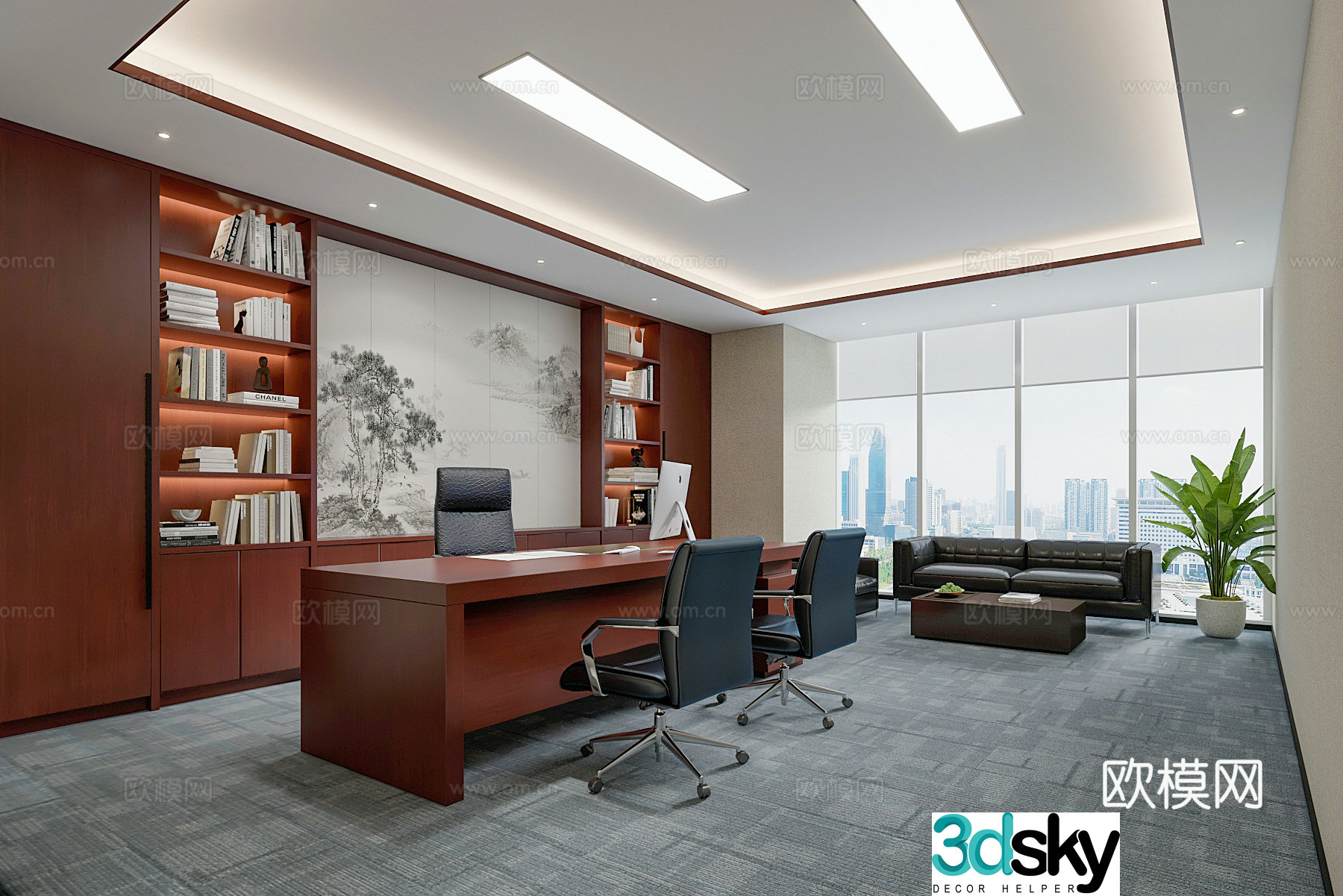 Chairman’s Office Office Desk Sofa Coffee Table Bookcase 3D Model