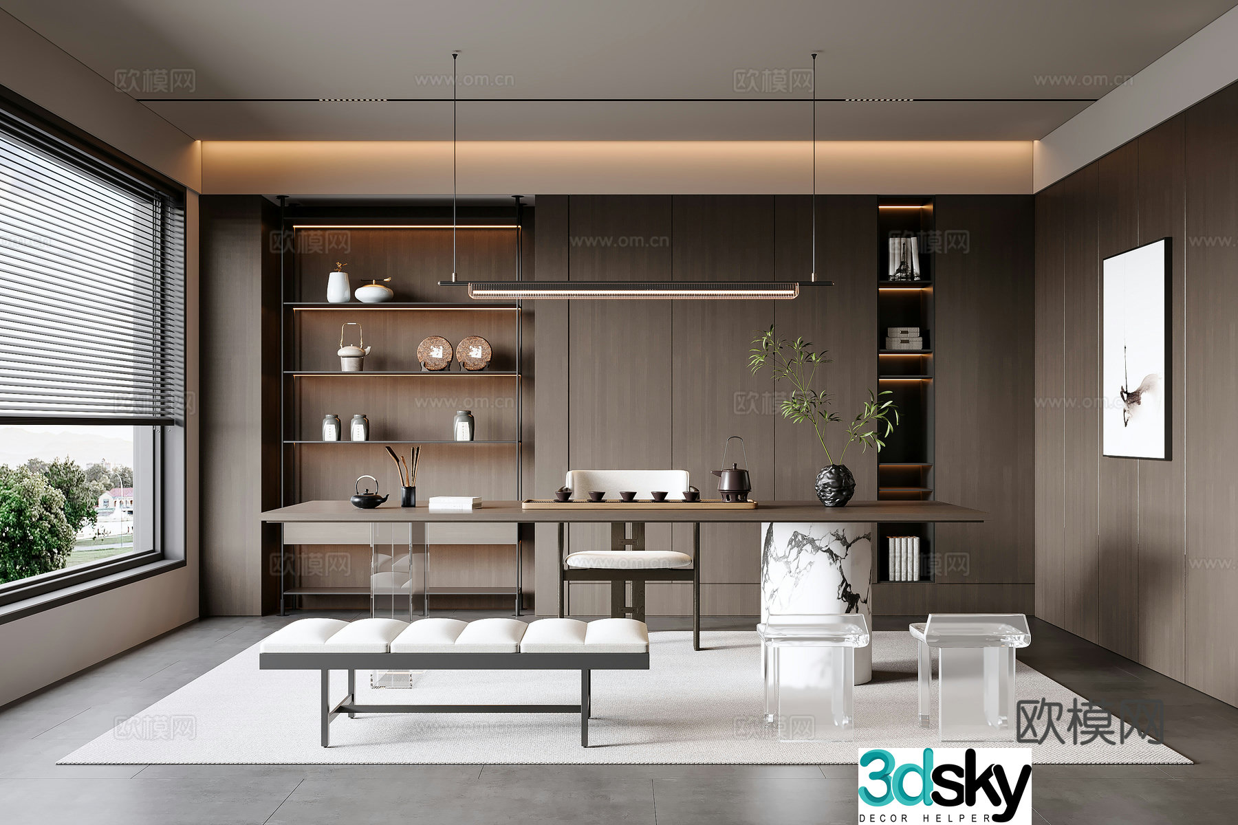 Modern Italian home tea room tea table and chair painting tea room cabinet tea set chandeliers 3D model