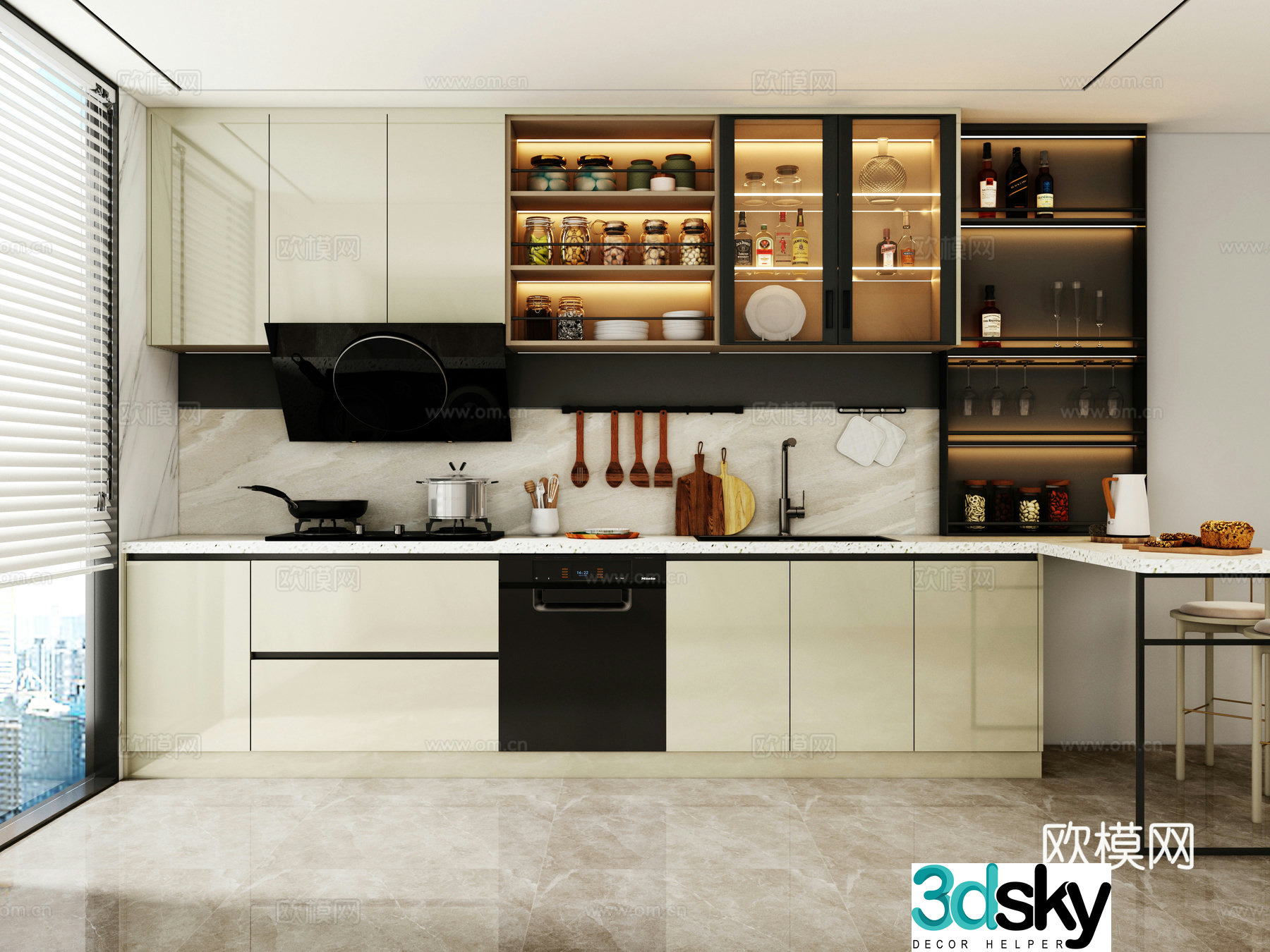Modern light luxury cabinet minimalist cabinet kitchen supplies one-line cabinet 3D model