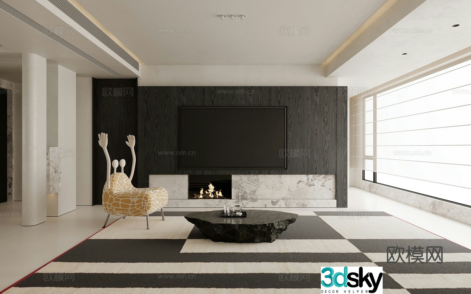 Modern black white and gray living room 3d model