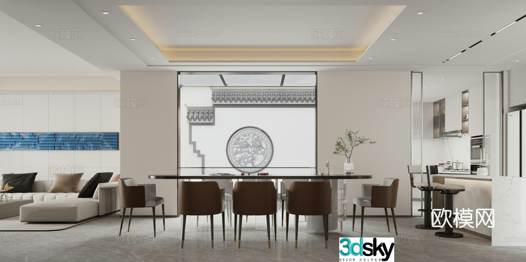 Modern light luxury living and restaurant bar 3D model
