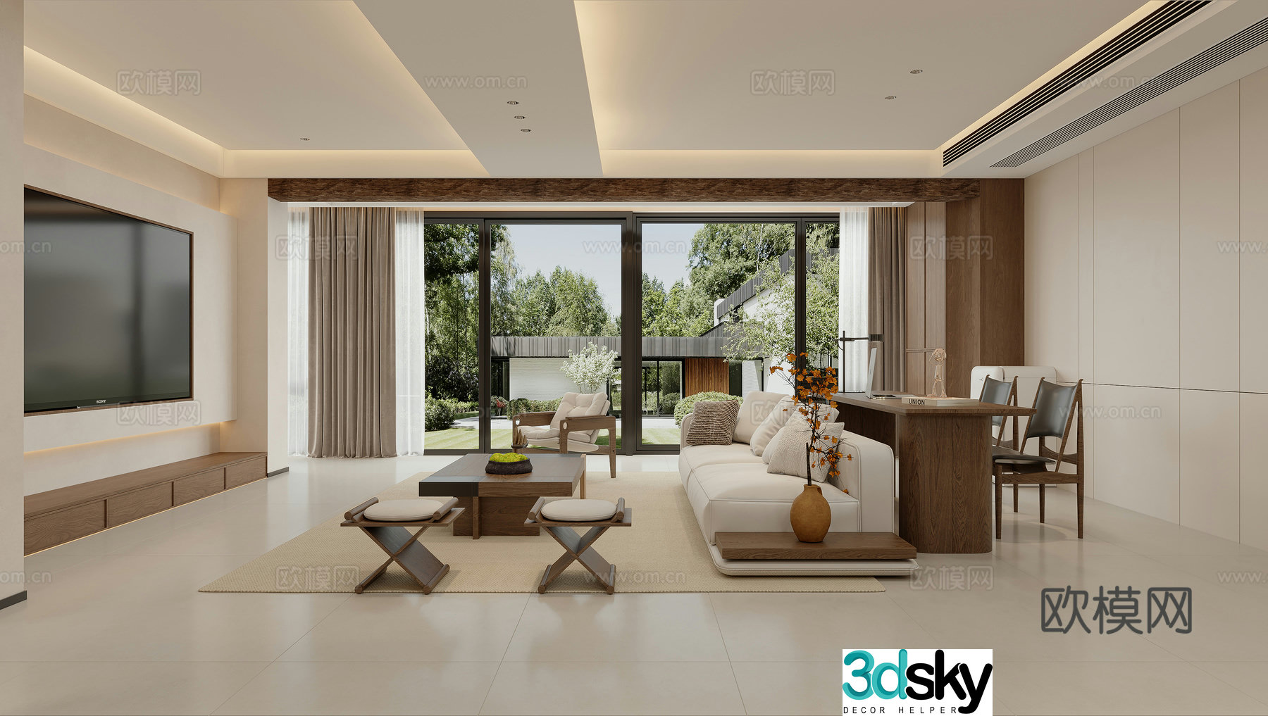 Zen New Chinese Living Restaurant Open Study Room 3D Model