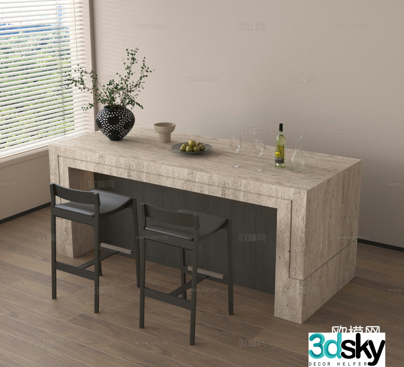 Island dining island dining table and chair 3d model