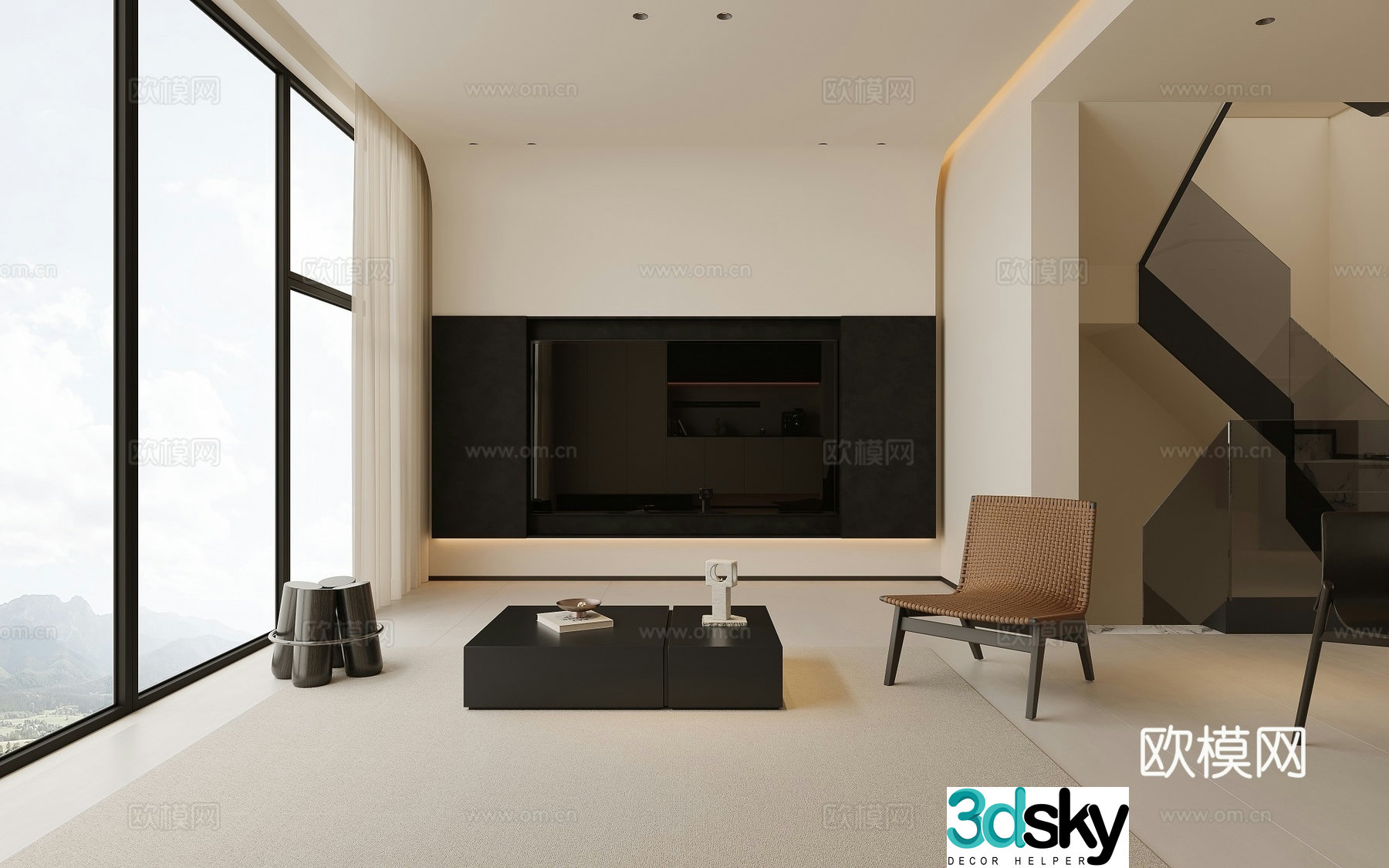 Modern cream style duplex living room 3d model