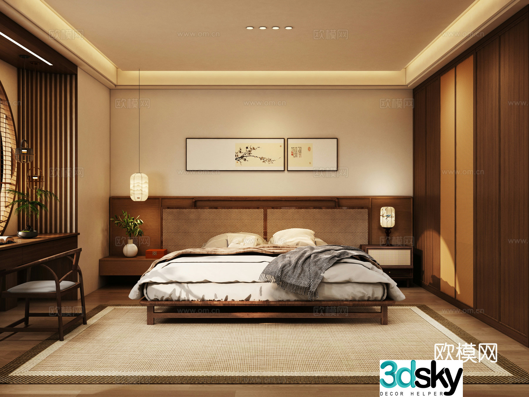 New Chinese style Zen bedroom retro bedroom medieval style bedroom rattan bed wardrobe 3D model