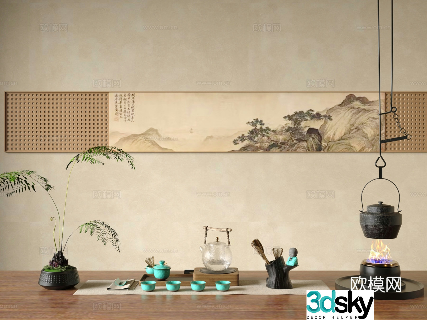 New Chinese style tea set tea cup teapot iron tea boiling stove vase fern bonsai 3D model