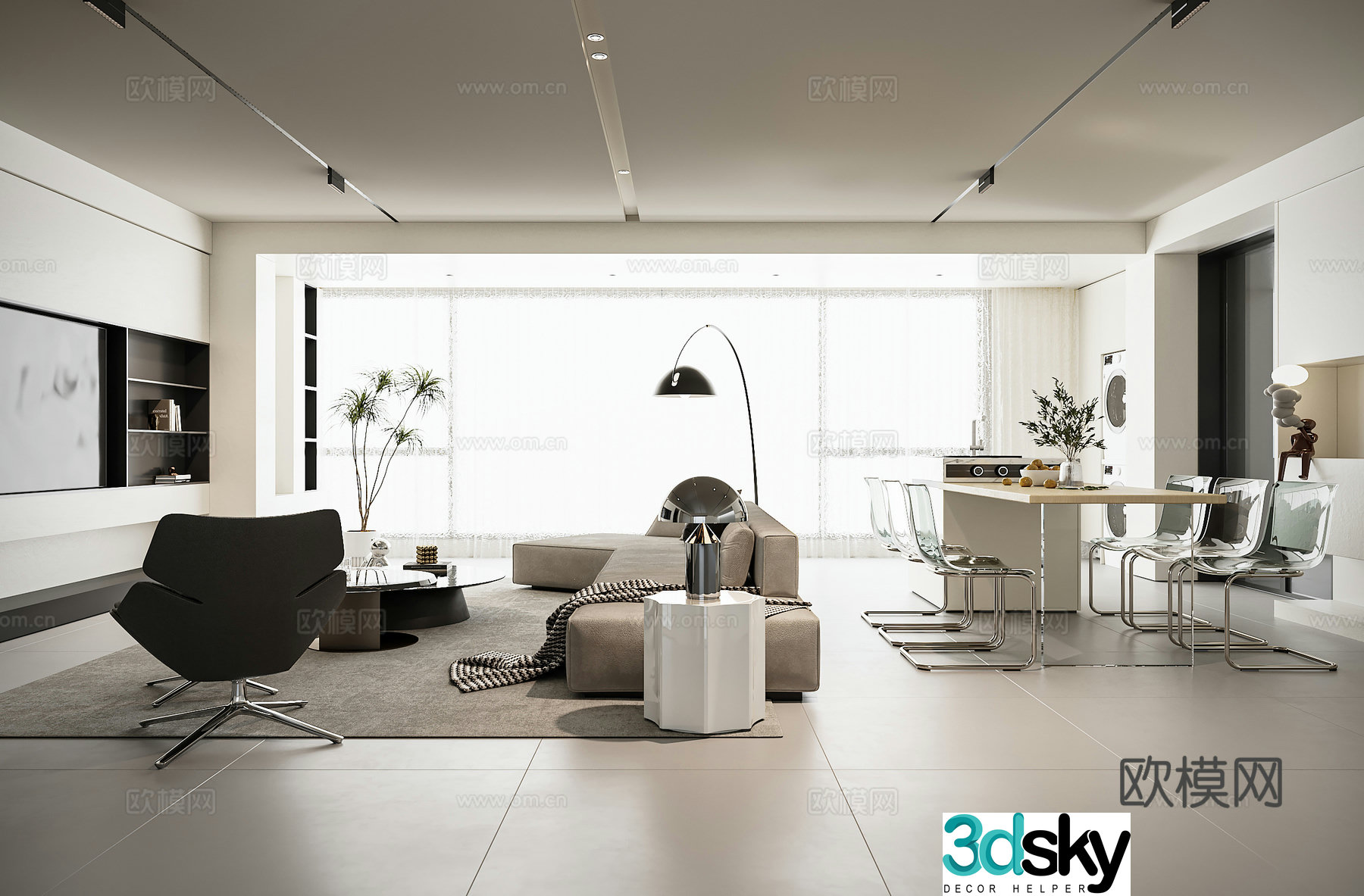 Modern minimalist horizontal living and dining room 3D model