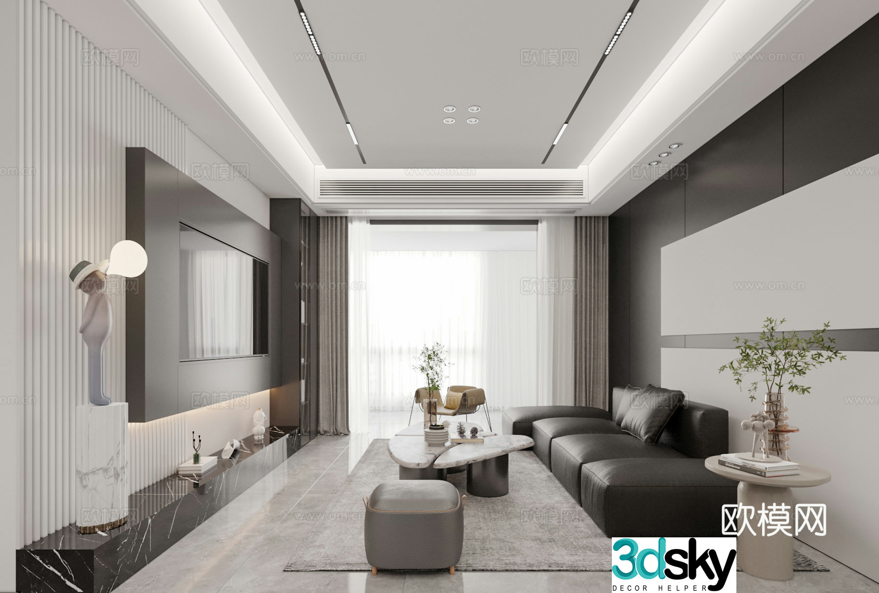 Modern living and dining room 3d model