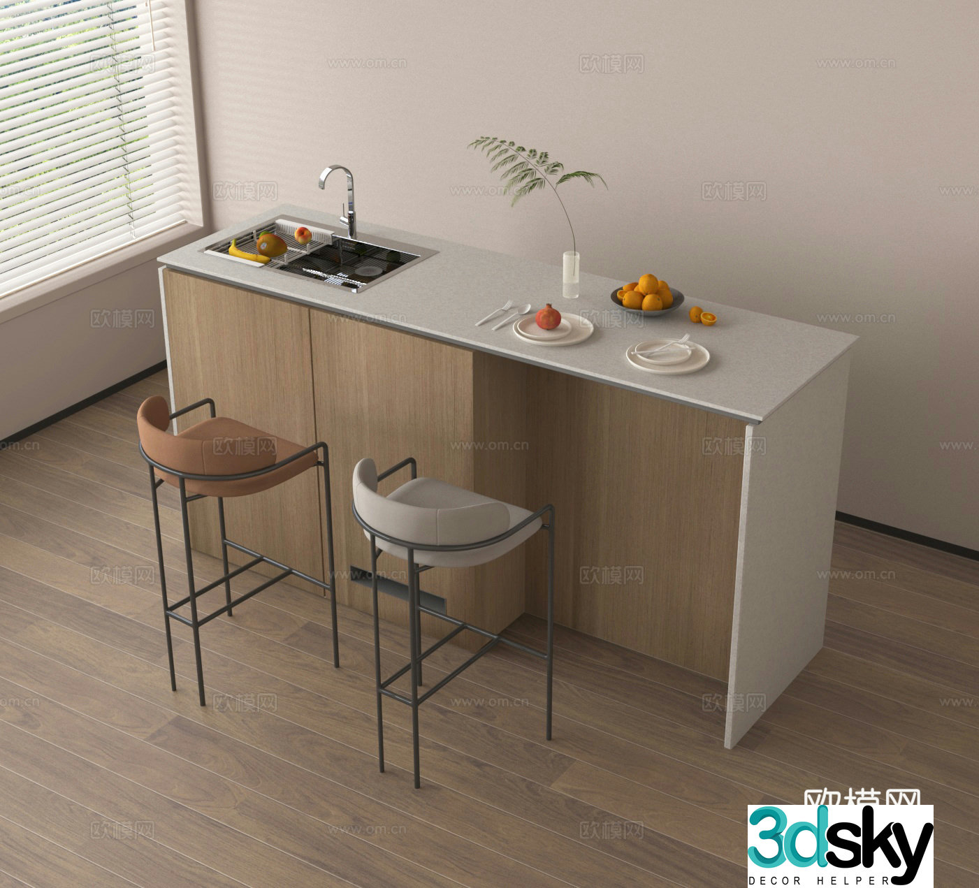 Island dining island dining table and chair 3d model
