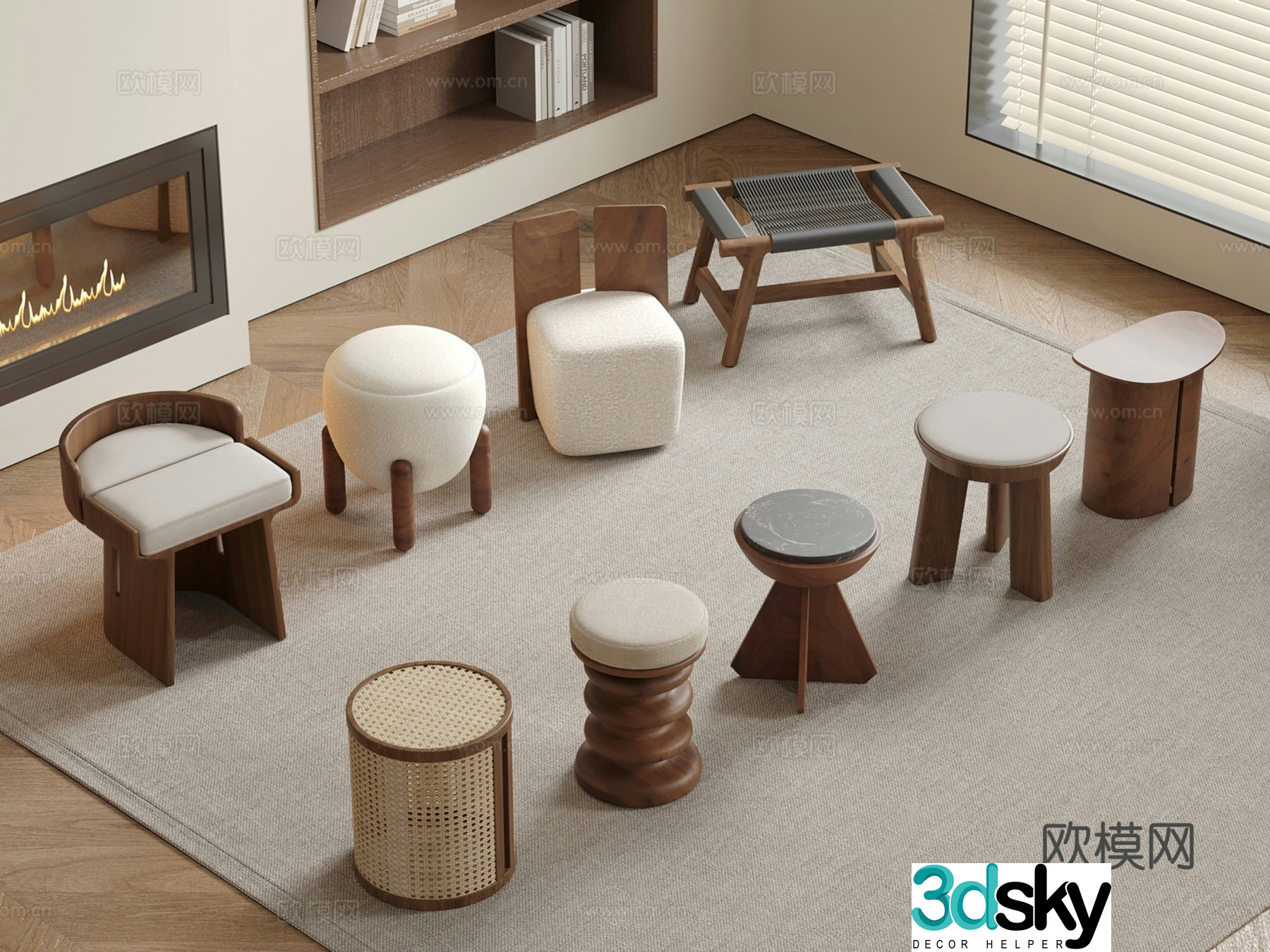 Middle-aged style stool round stool sofa stool shoe change stool wooden stool 3d model