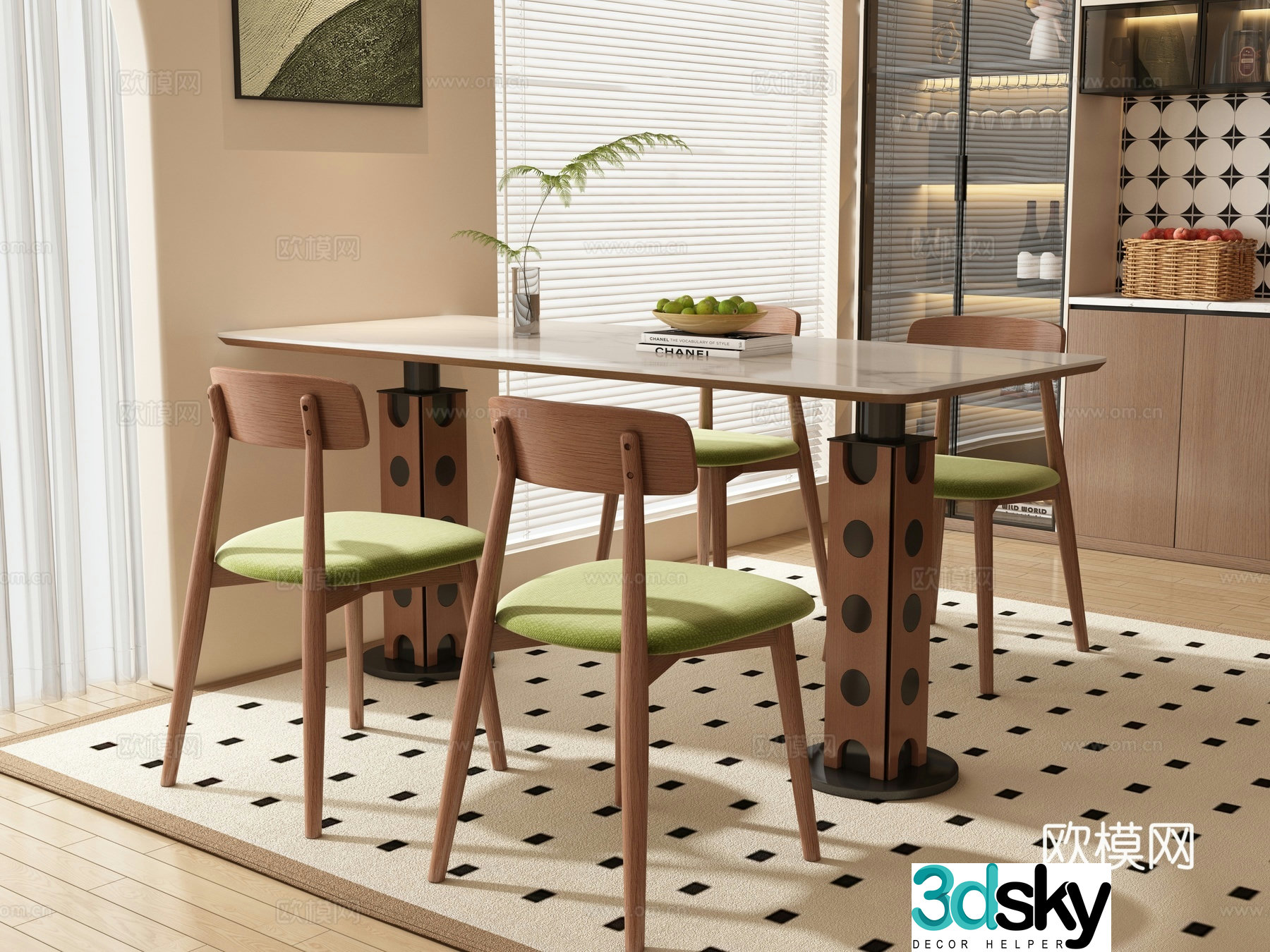 Middle style restaurant dining table and chair 3D model