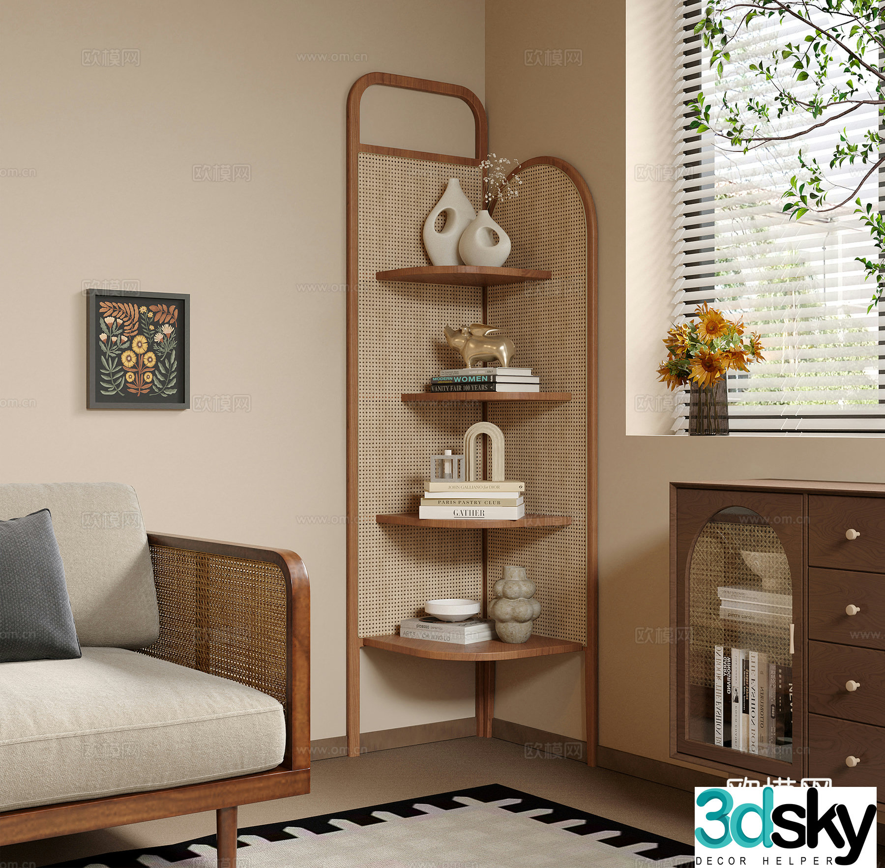French medieval style rattan corner cabinet storage cabinet storage rack corner cabinet triangle cabinet 3D model