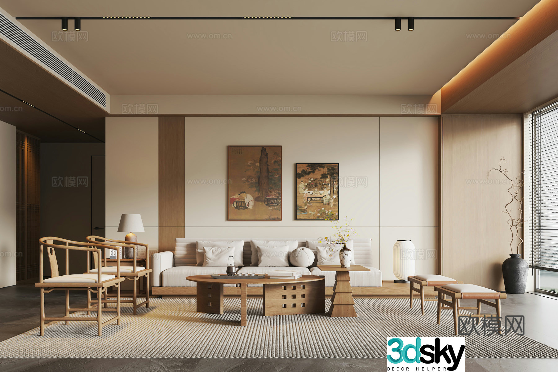 New Chinese style Song style living room solid wood sofa coffee table combination solid wood single chair sofa edge table lamp 3D model