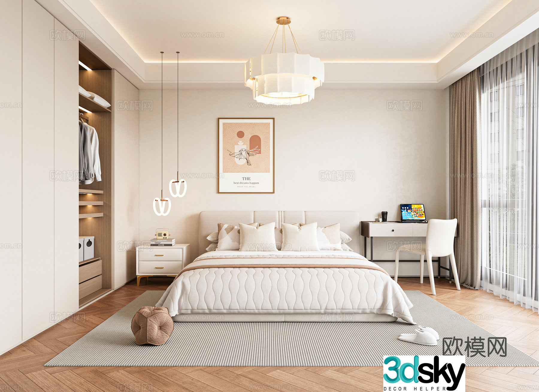 Creamy style home bedroom 3d model