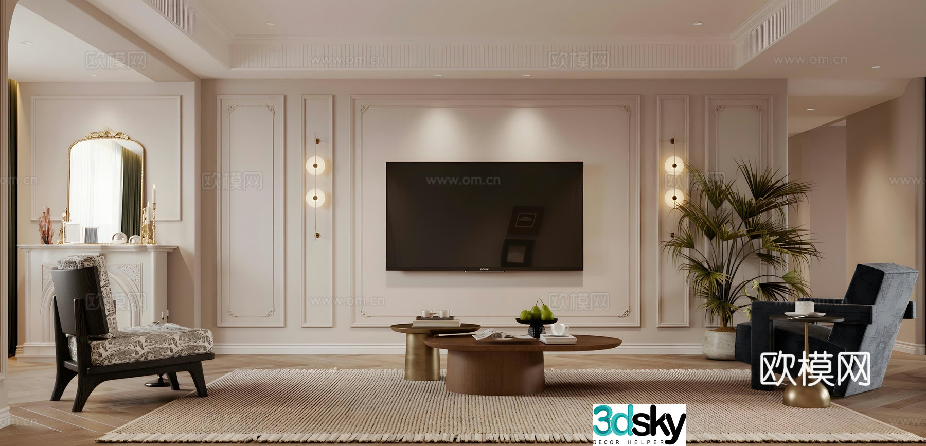 French home living room living room background wall gypsum cable TV background wall French retro style living room 3d model