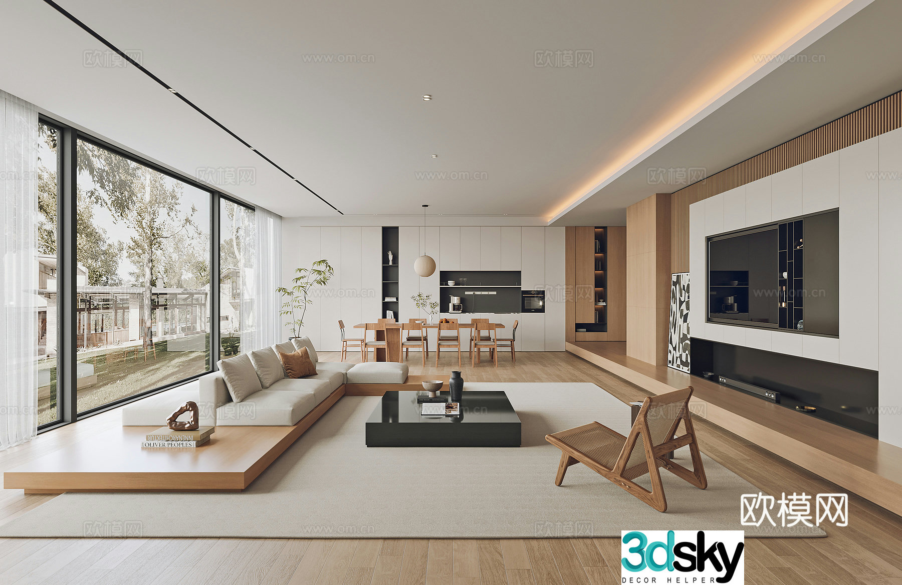 Modern living and dining room 3d model