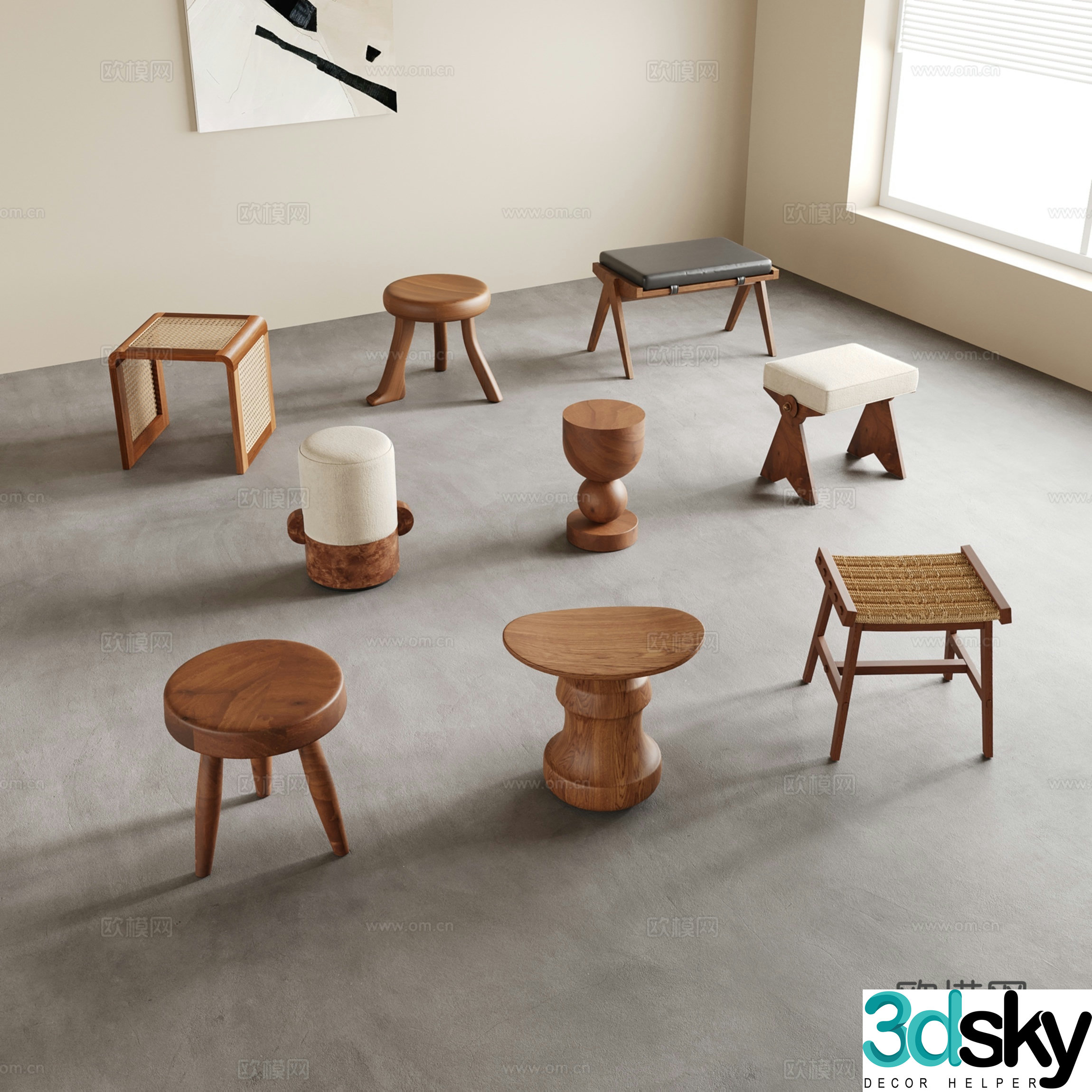 Middle-aged style stool round stool sofa stool shoe change stool wooden stool 3d model