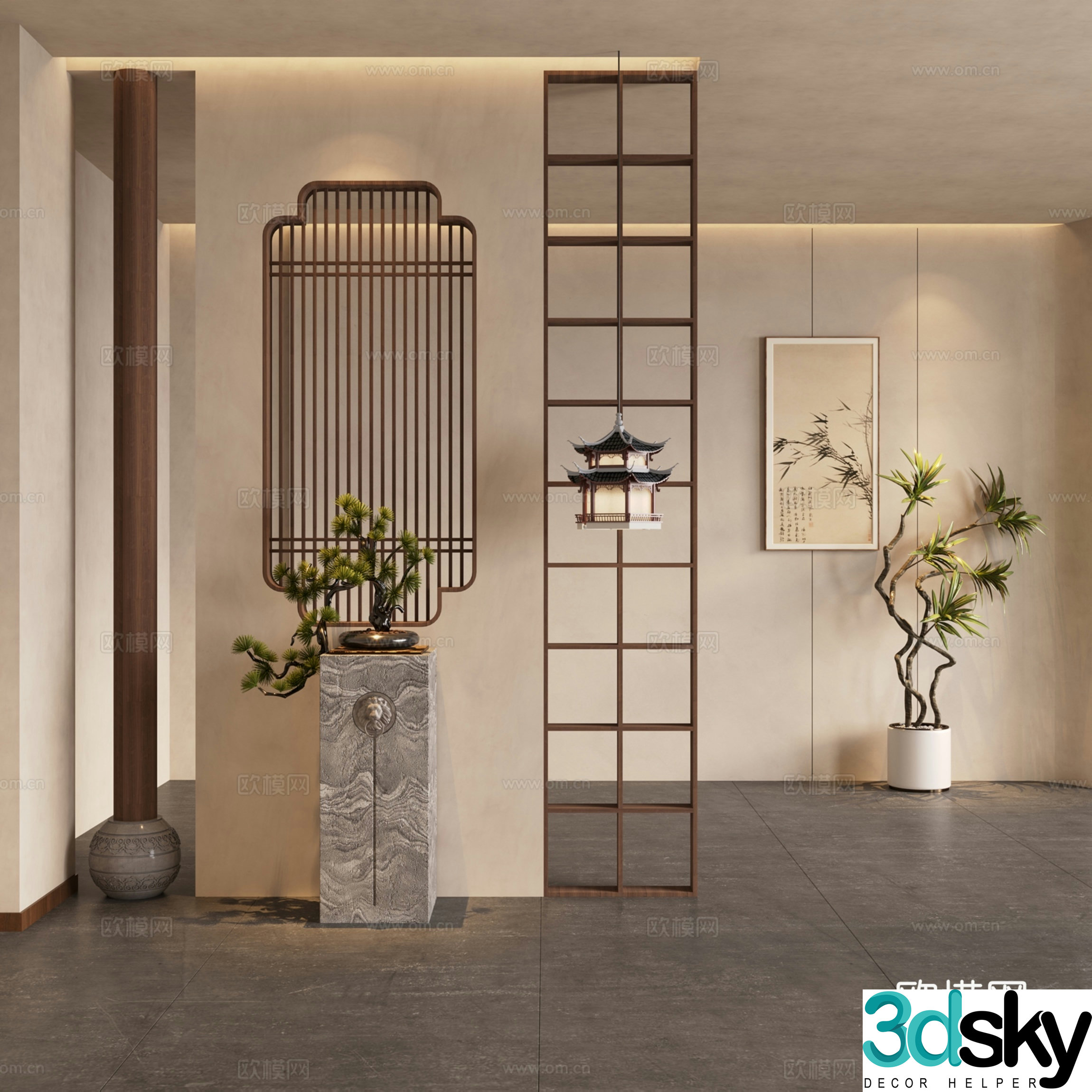 New Chinese style partition entrance partition sculpture green bonsai 3d model