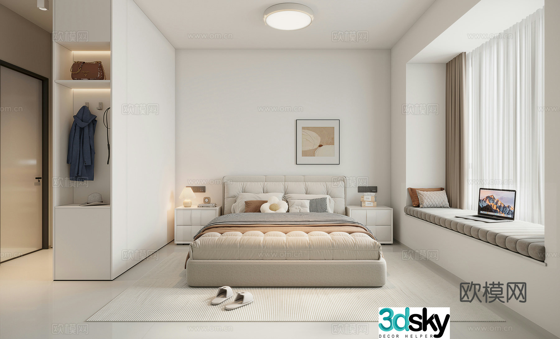 Modern minimalist creamy bedroom 3d model
