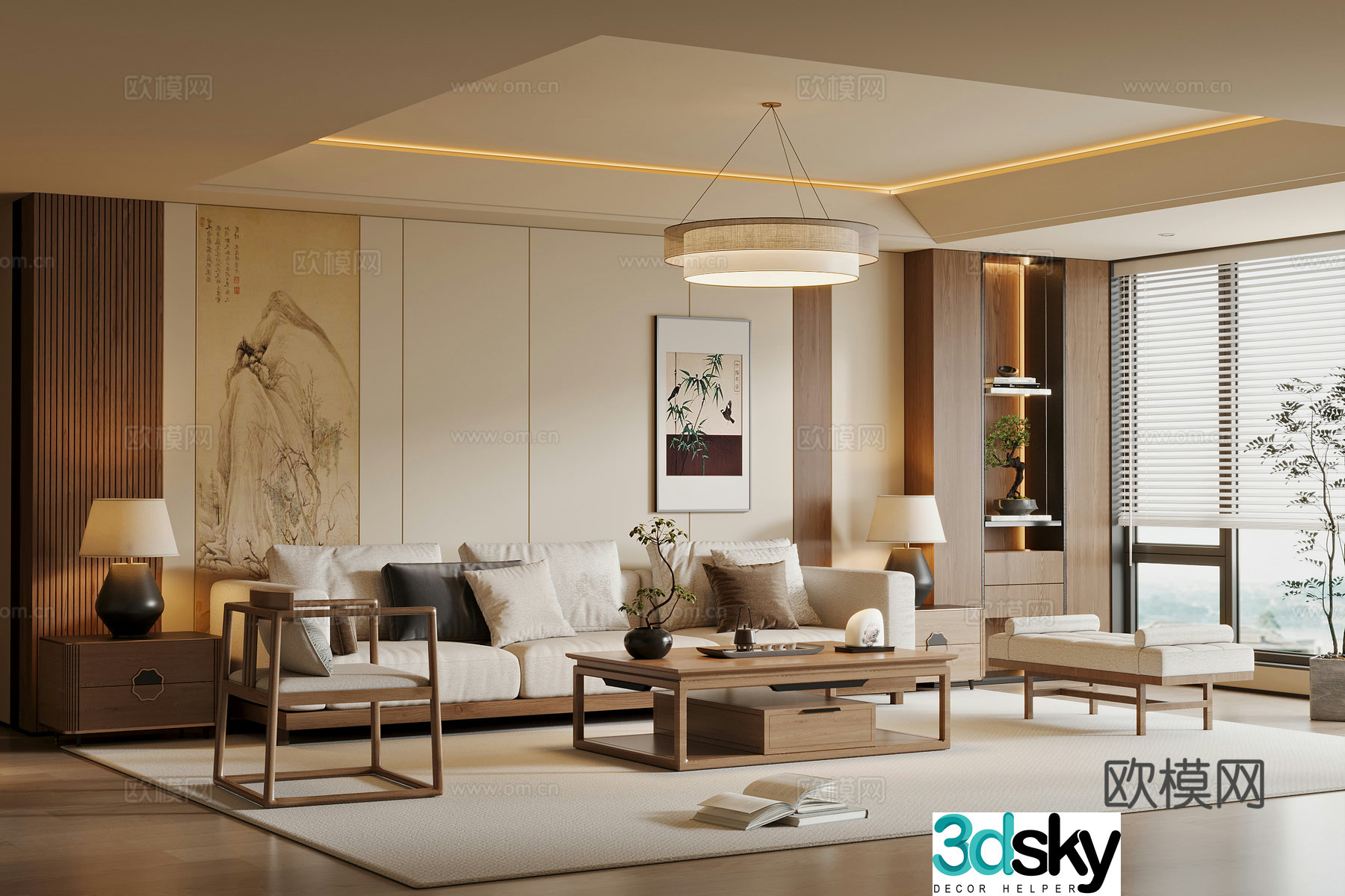 New Chinese style Song style living room solid wood sofa coffee table combination solid wood single chair sofa edge table chandelier 3d model