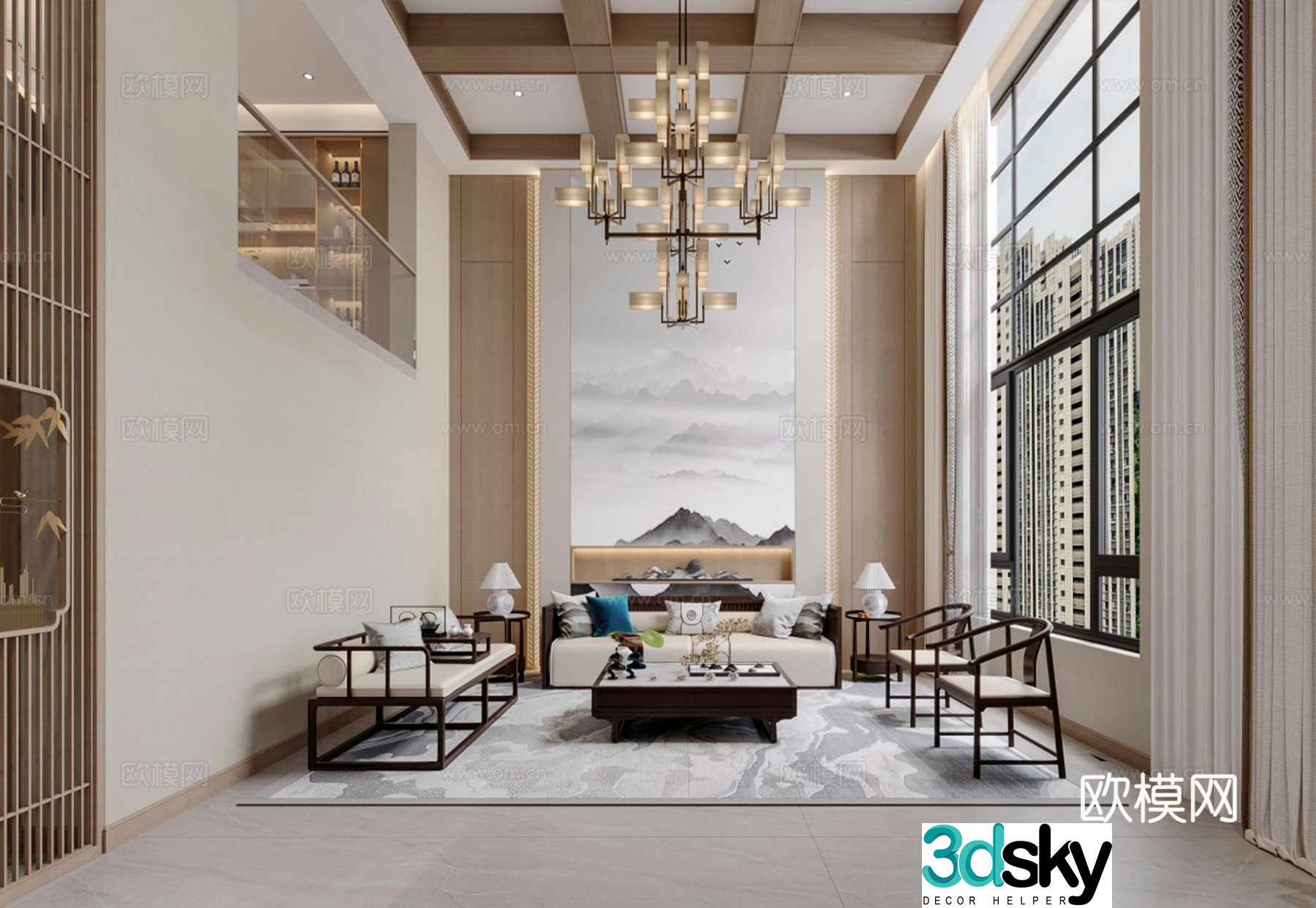 New Chinese style villa empty living room kitchen and dining room 3D model