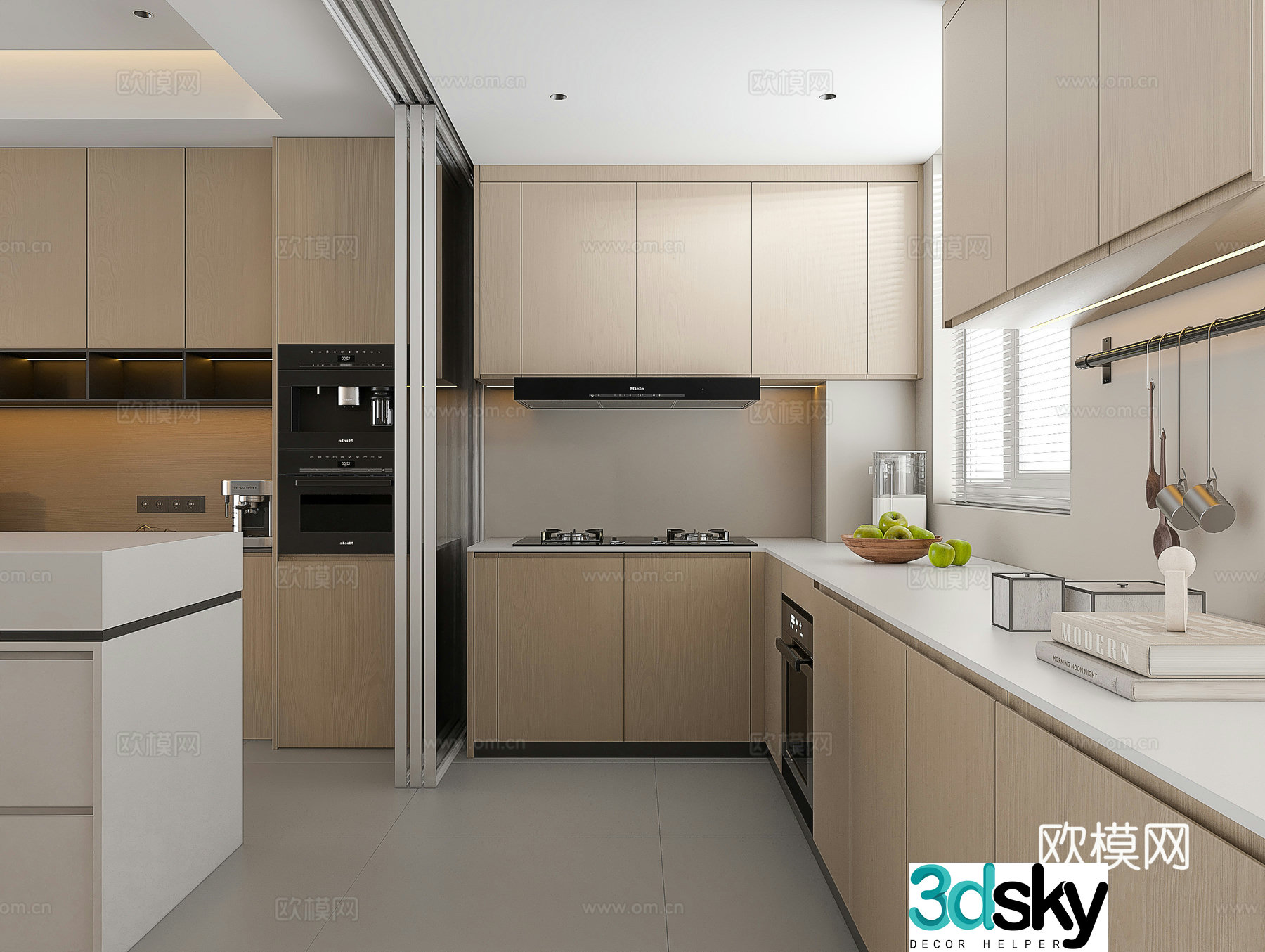 Modern kitchen Creamy kitchen Minimalist kitchen Log kitchen Refrigerator Range hood 3d model