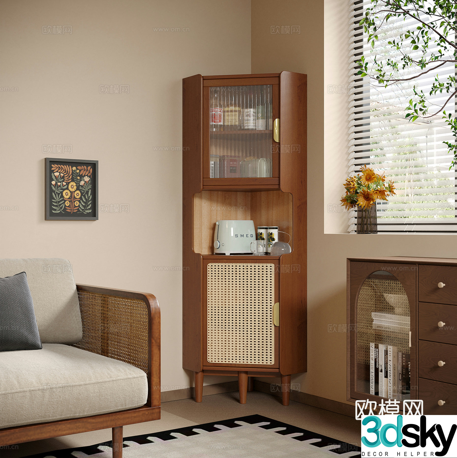 French medieval style rattan corner cabinet storage cabinet storage rack corner cabinet triangle cabinet 3D model