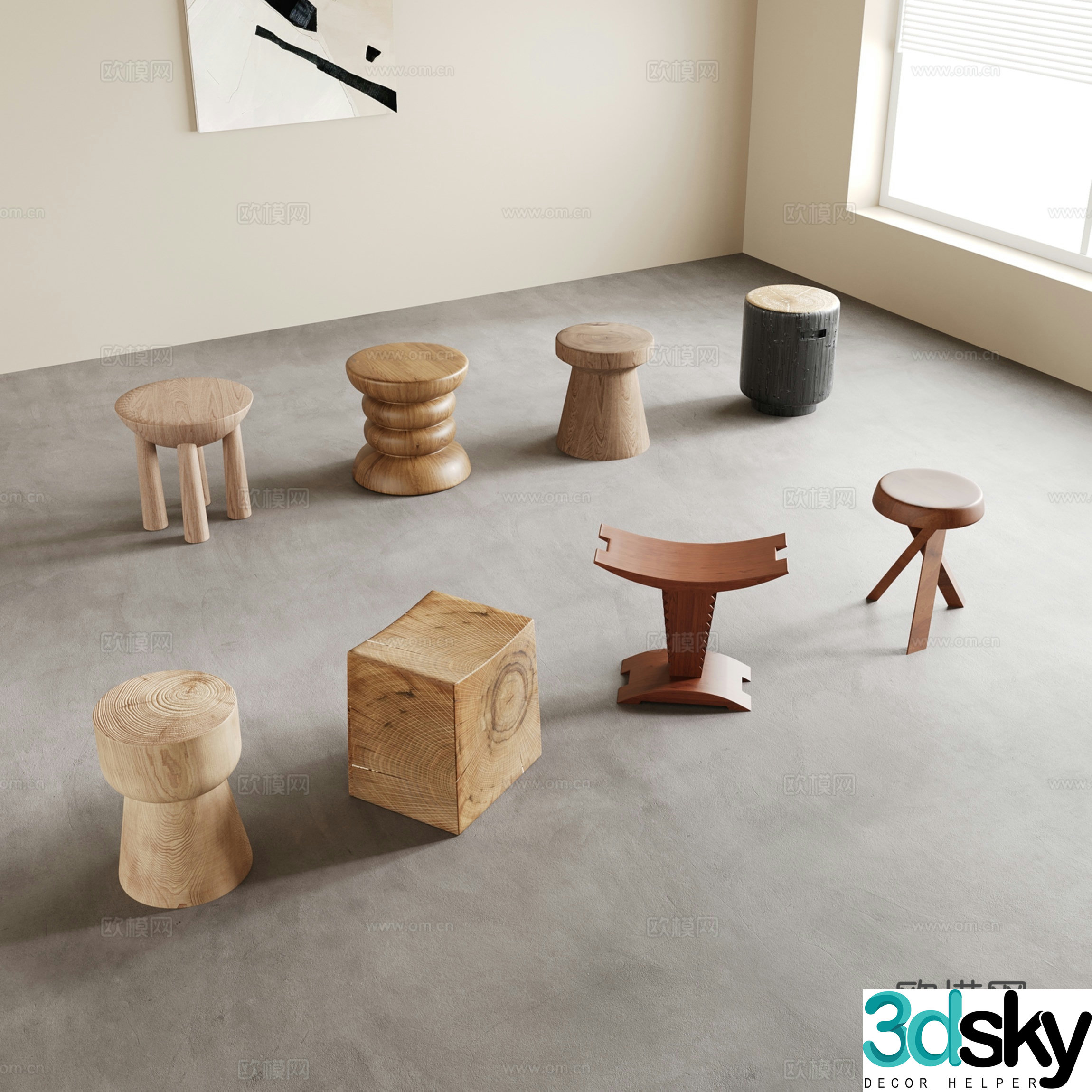 Wasabi Wind Stool Round Stool Wooden Stool Shoe Change Stool Small Stool 3D Model