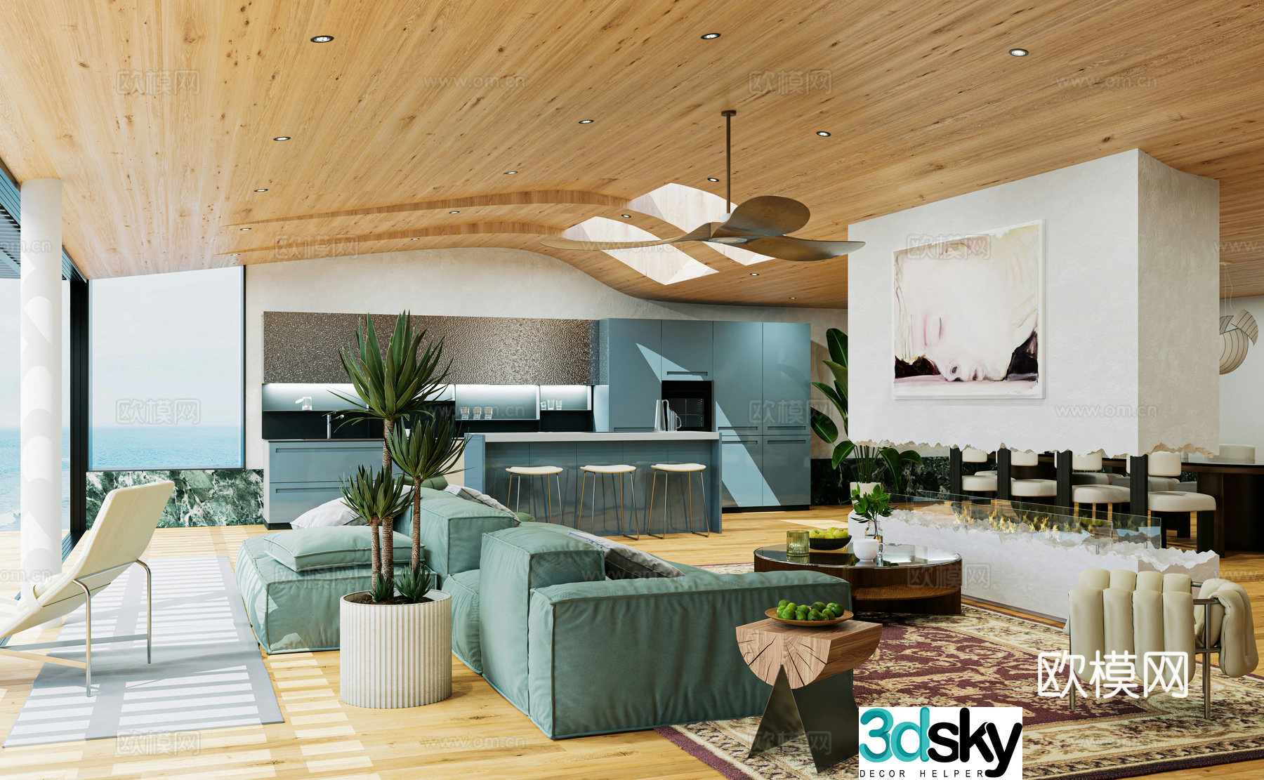 Modern Nordic Living Room 3D Model at the Sea