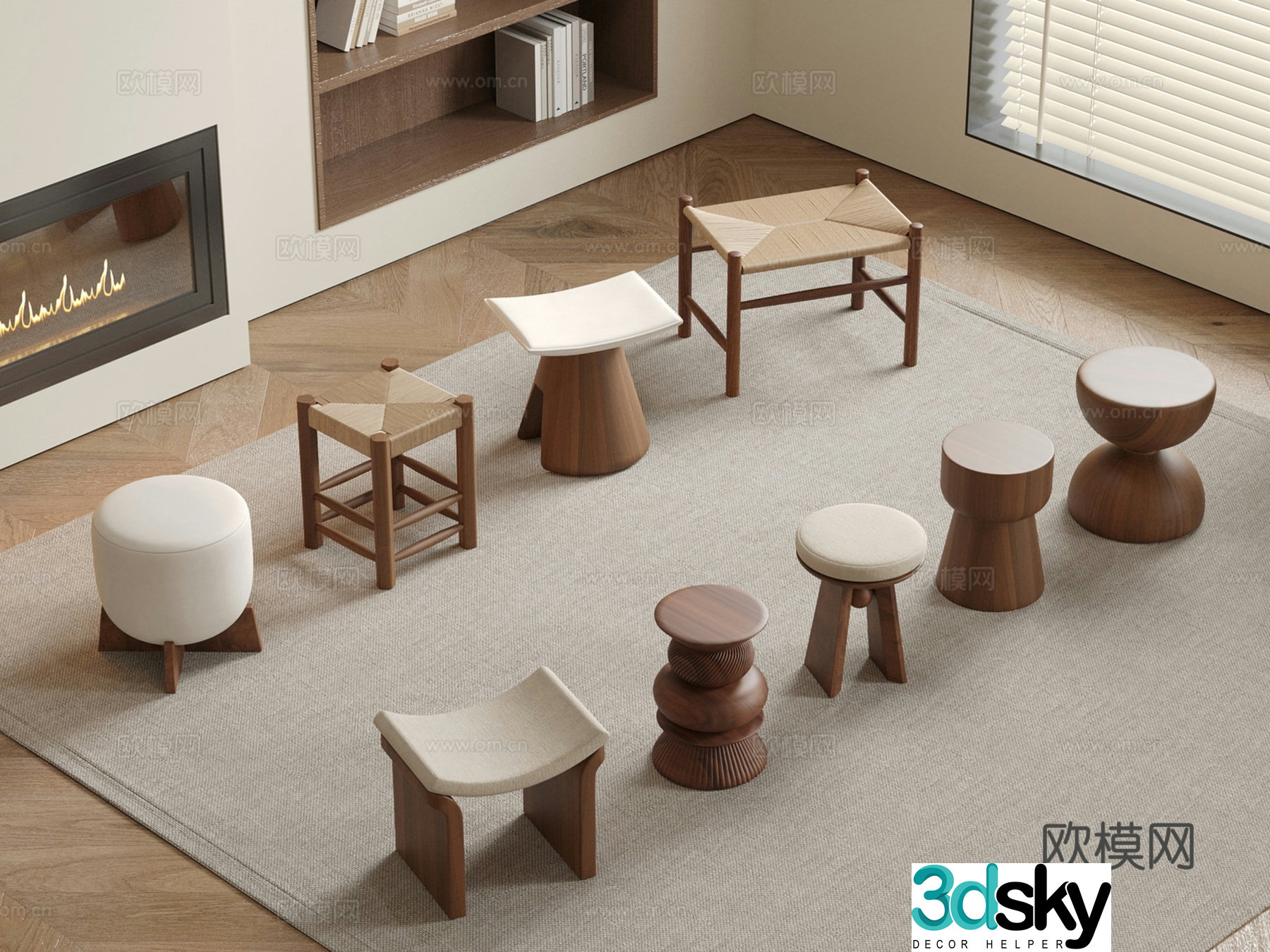 Middle-aged style stool round stool sofa stool shoe change stool wooden stool 3d model