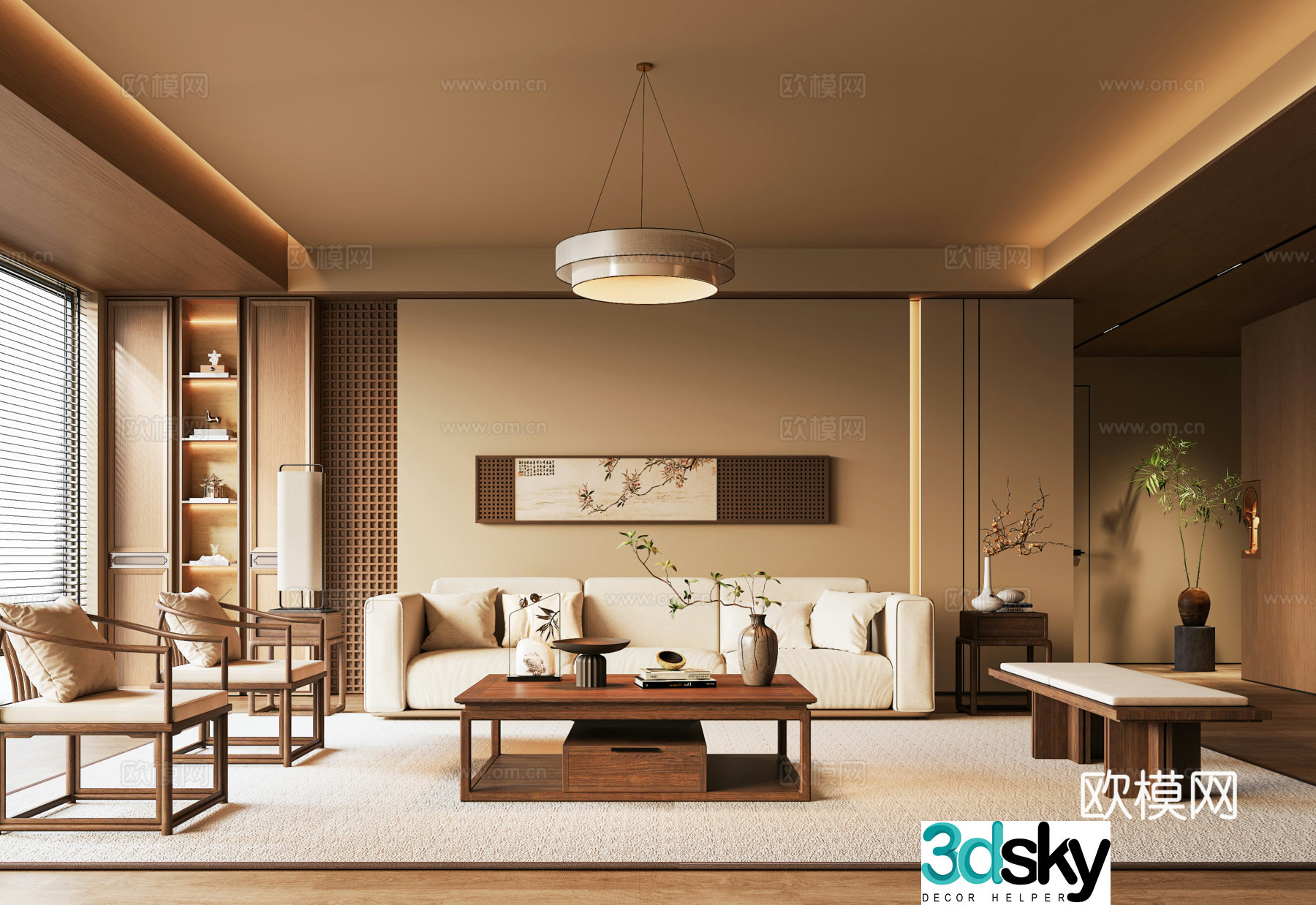 New Chinese living room sofa coffee table combination chandelier sofa background wall green plant potted plant 3D model