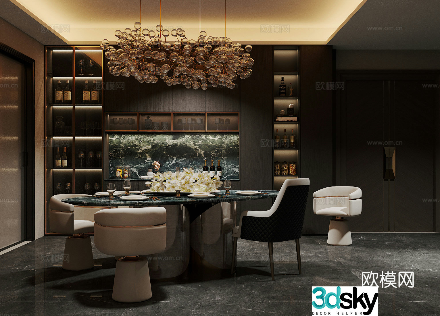Light luxury Italian home restaurant Round table restaurant Marble dining table Light luxury style sideboard dining cabinet 3D model