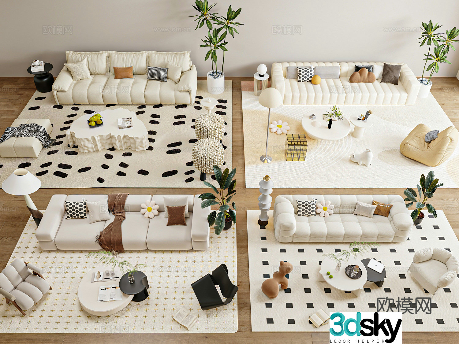 Modern cream style sofa coffee table combination 3D model