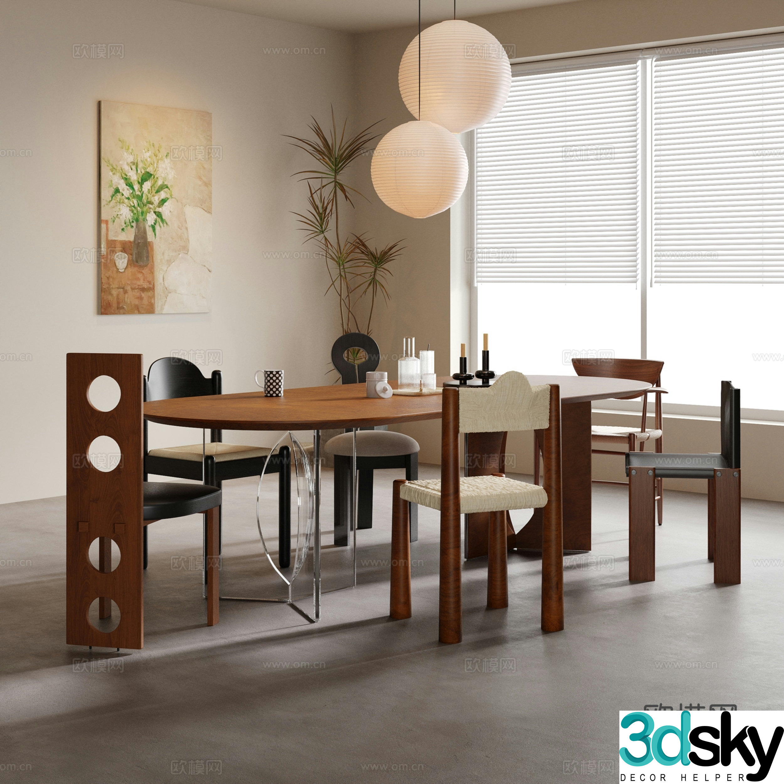 Middle style dining table and chair chandeliers decorative painting 3d model