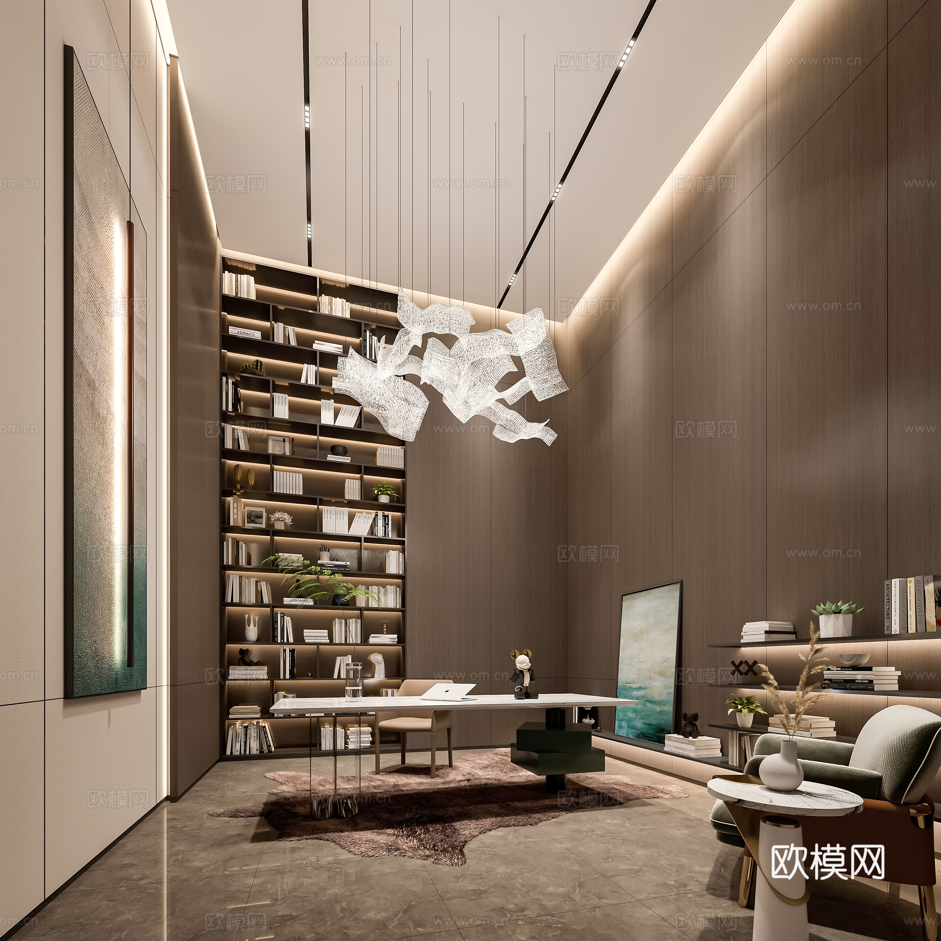 Modern study chandeliers desks and chairs 3D model of hanging paintings