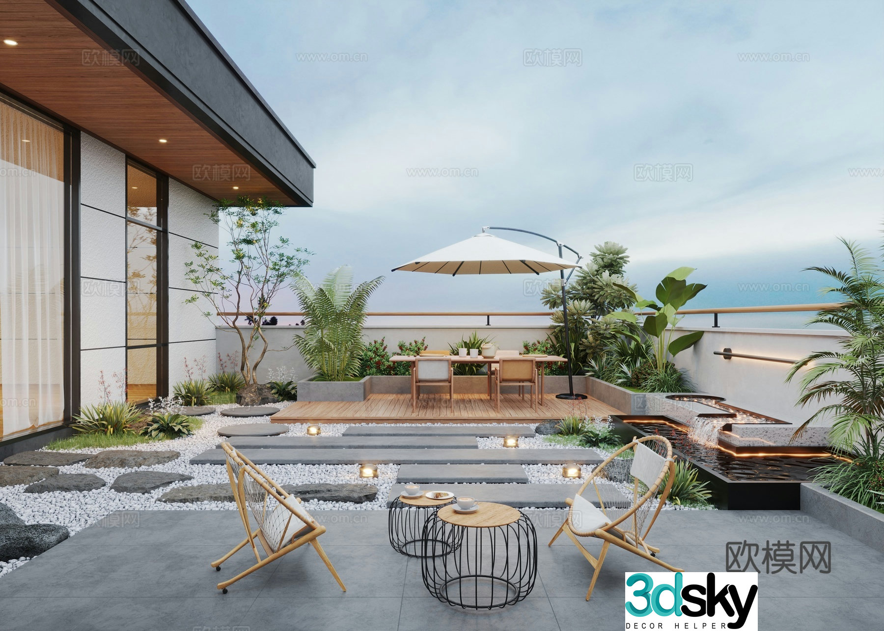Modern roof garden water view pool leisure chair outdoor dining table 3d model