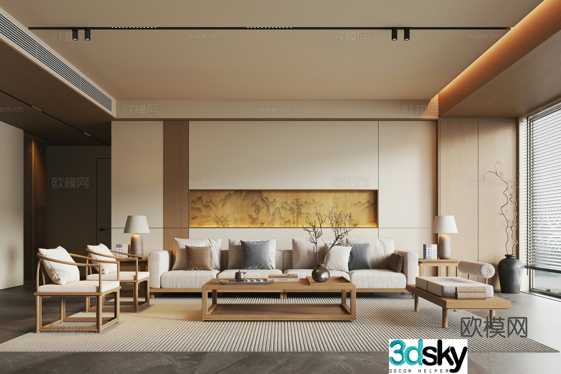 New Chinese style Song style living room solid wood sofa coffee table combination solid wood single chair sofa edge table lamp 3D model