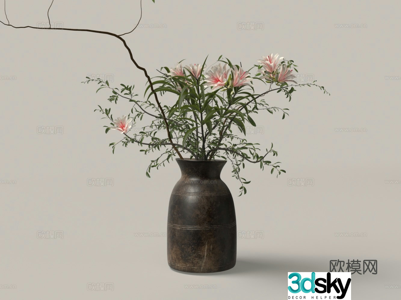 Modern retro plant vase white flowers 3d model