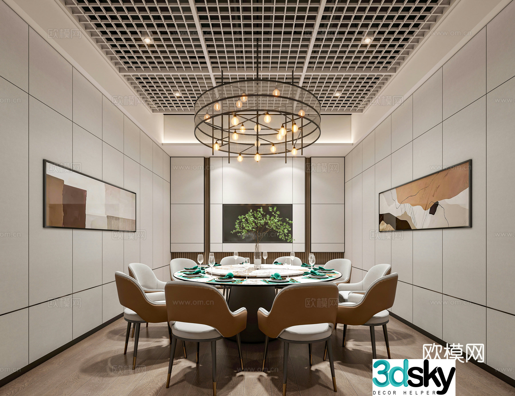 Modern restaurant chandeliers dining table and chair combination 3D model