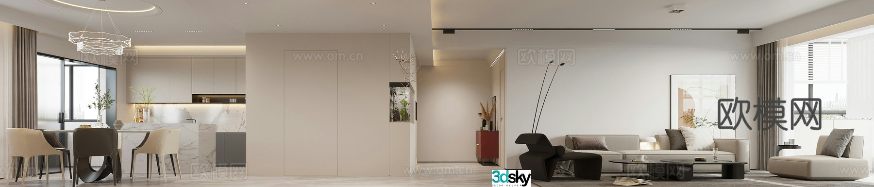 Modern living and dining room 3d model