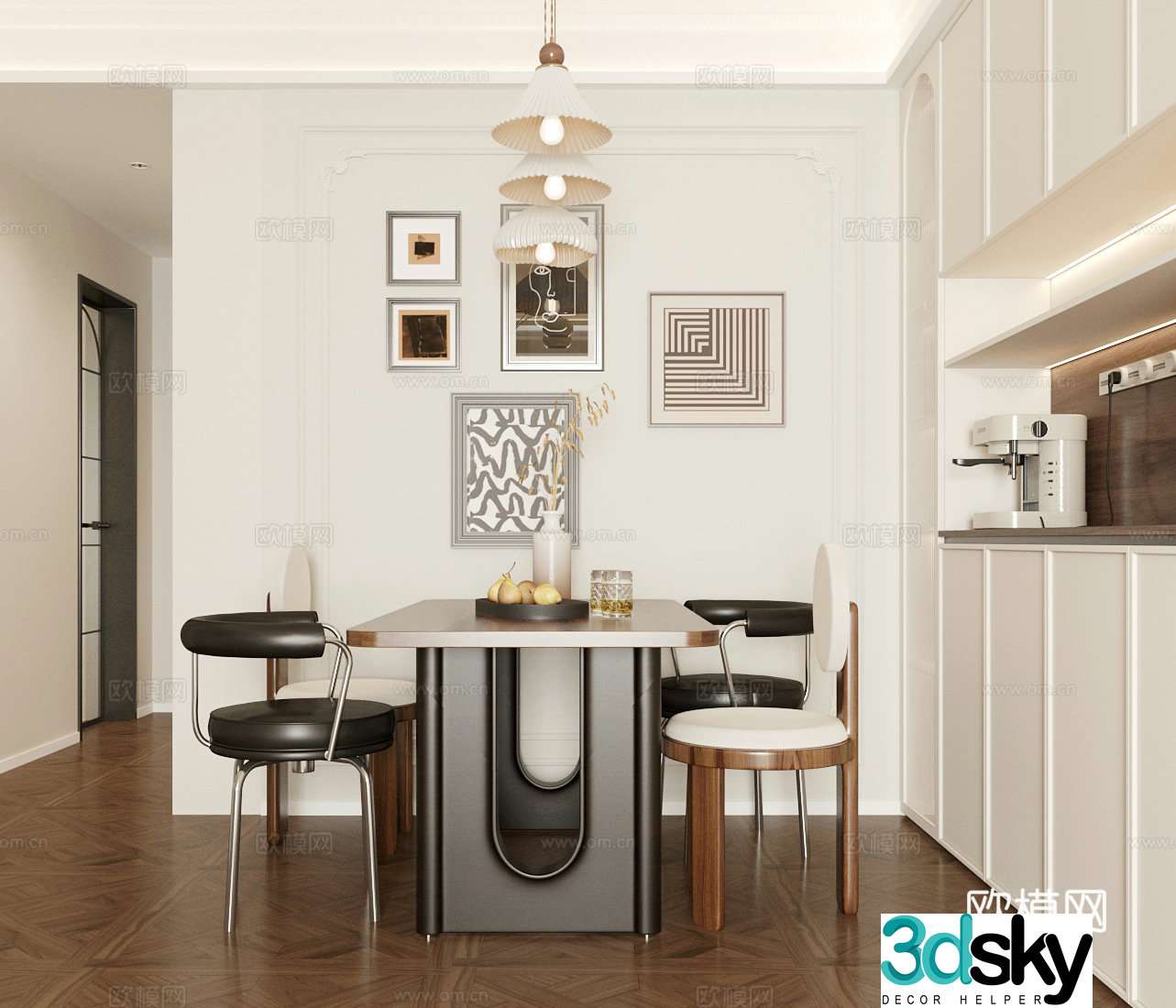 Middle-aged home restaurant dining table and chair combination sideboard 3D model