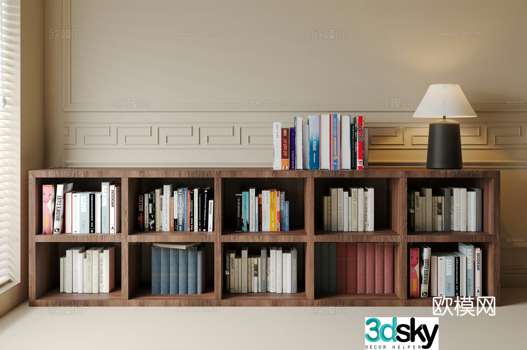Modern medieval style bookcase sideboard books ornaments desk lamp 3d model