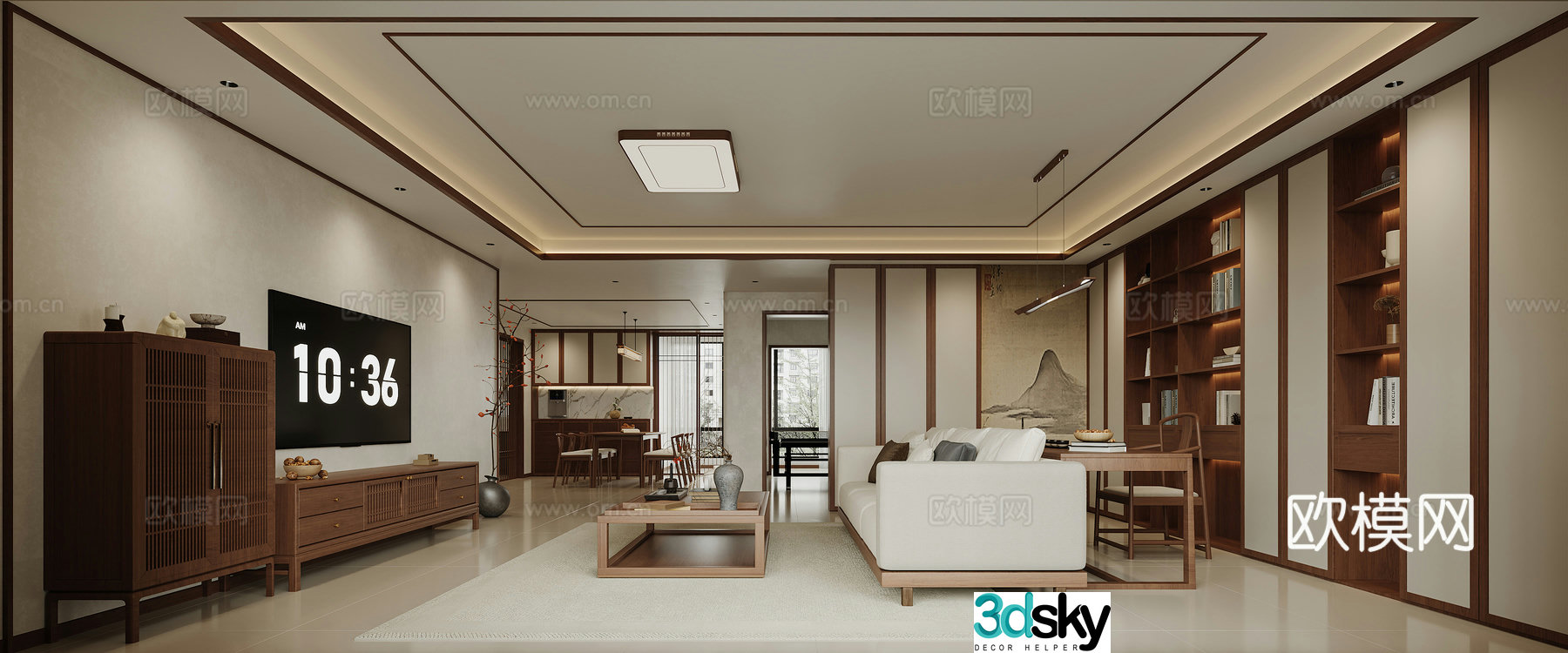 Panoramic view of Song’s aesthetic living and dining room living room dining room hanging painting chandeliers decorative cabinets 3D model