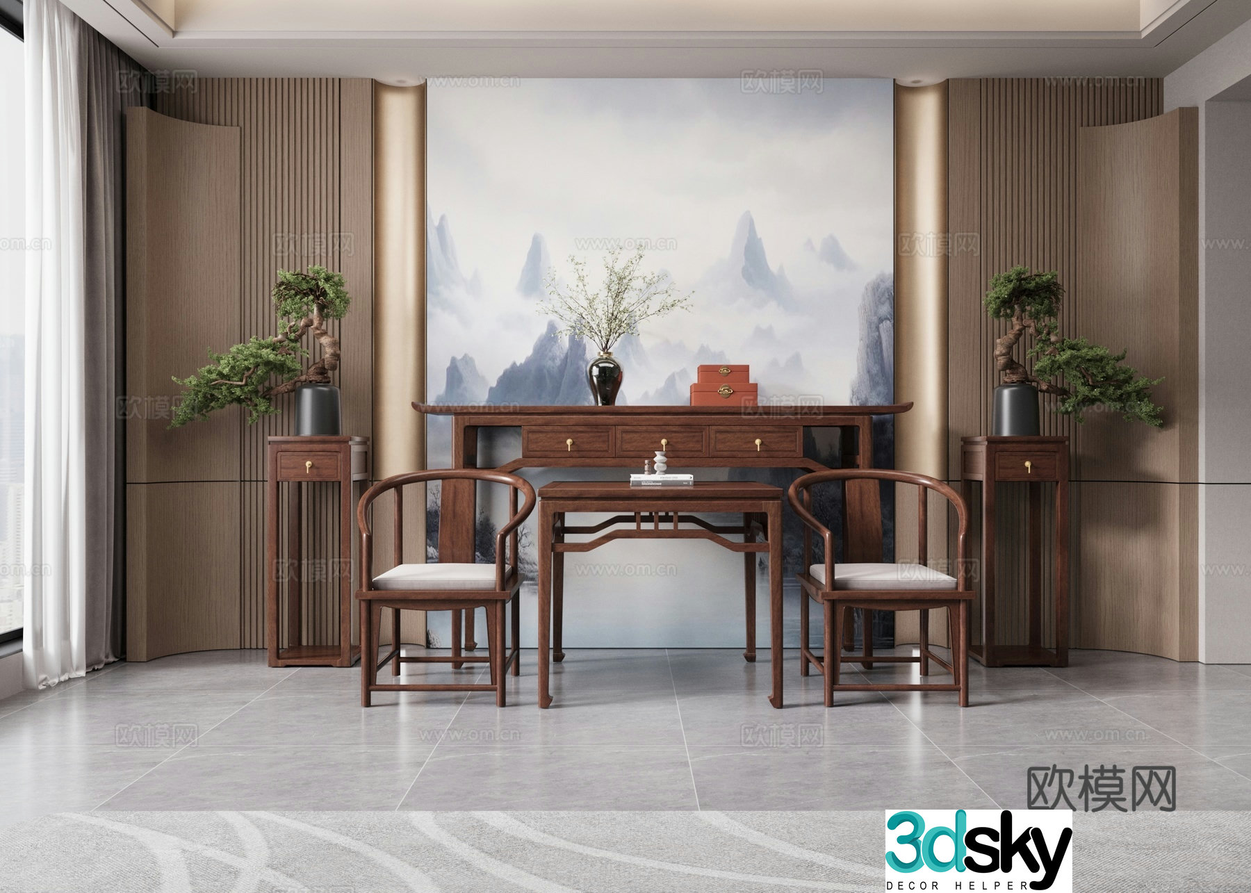 New Chinese style end viewing platform plan entrance table eight immortals table flower stand Taishi chair 3D model
